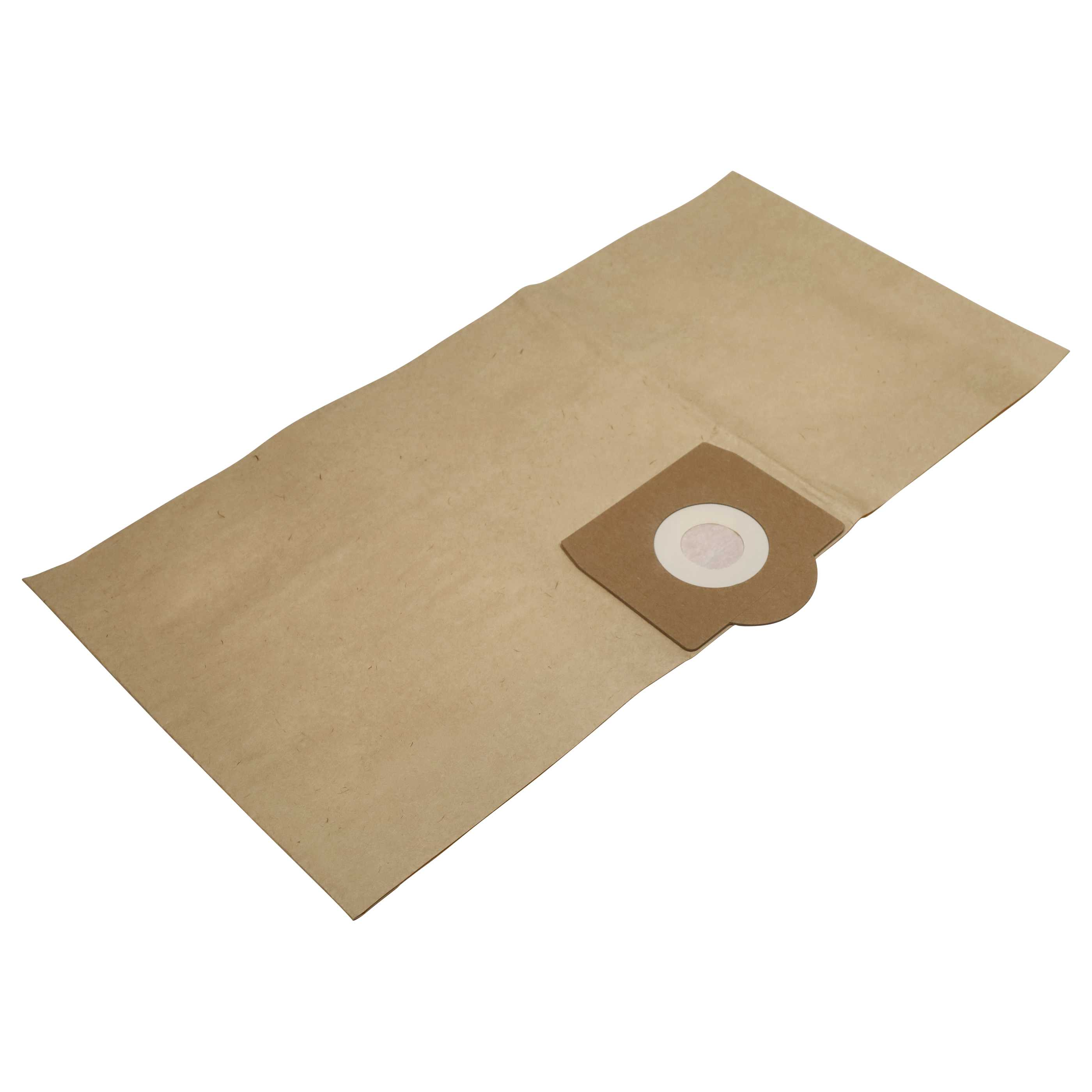 Ein brauner Papier-Staubsaugerbeutel liegt flach. Auf der rechten Seite befindet sich ein rundes Pappstück.