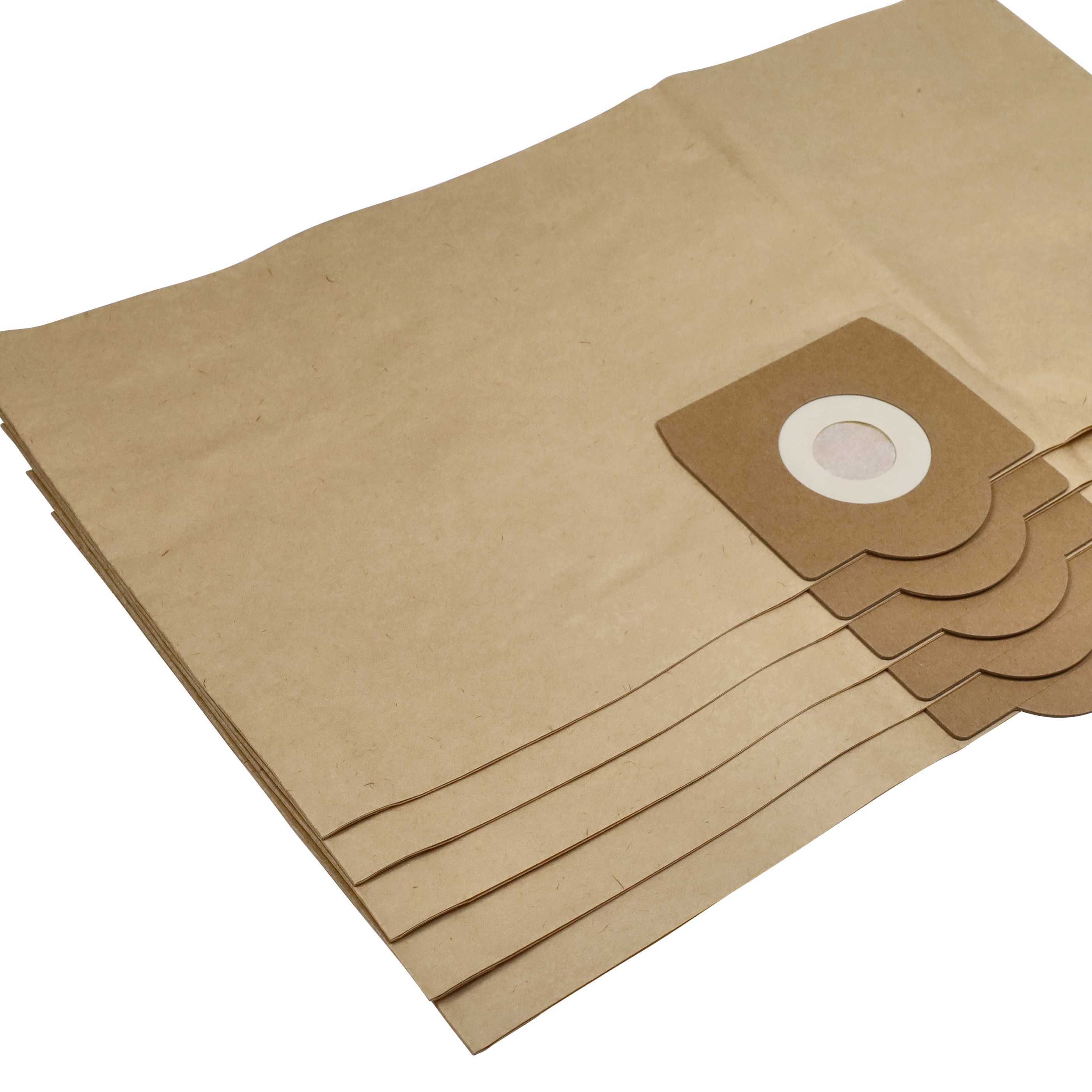 Ein Stapel brauner Papierstaubsaugerbeutel. Einer hat einen runden Filter. Der Hintergrund ist weiß.