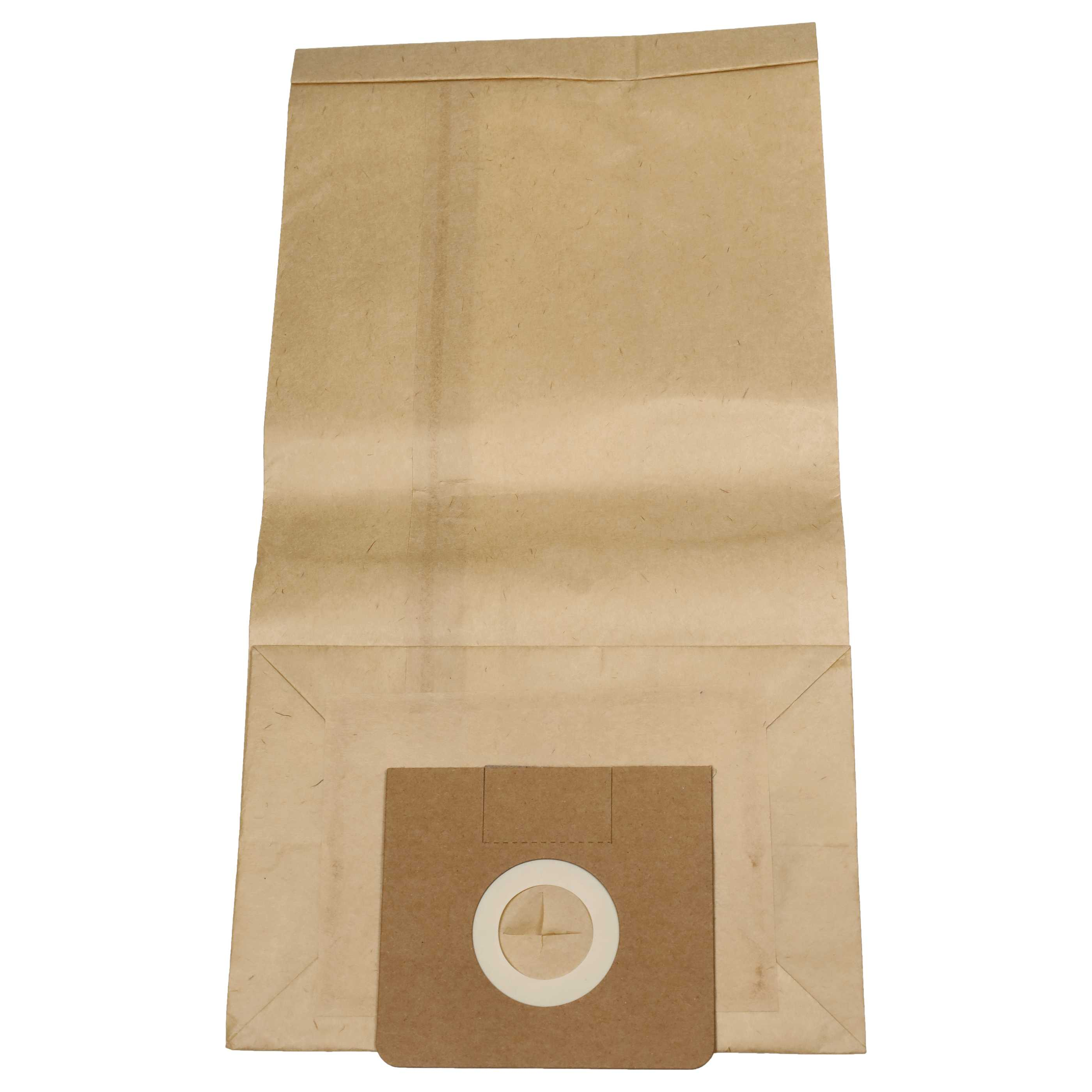 Ein brauner Staubsaugerbeutel aus Papier. Er hat einen weißen Kreis mit einem Pluszeichen in der Mitte.