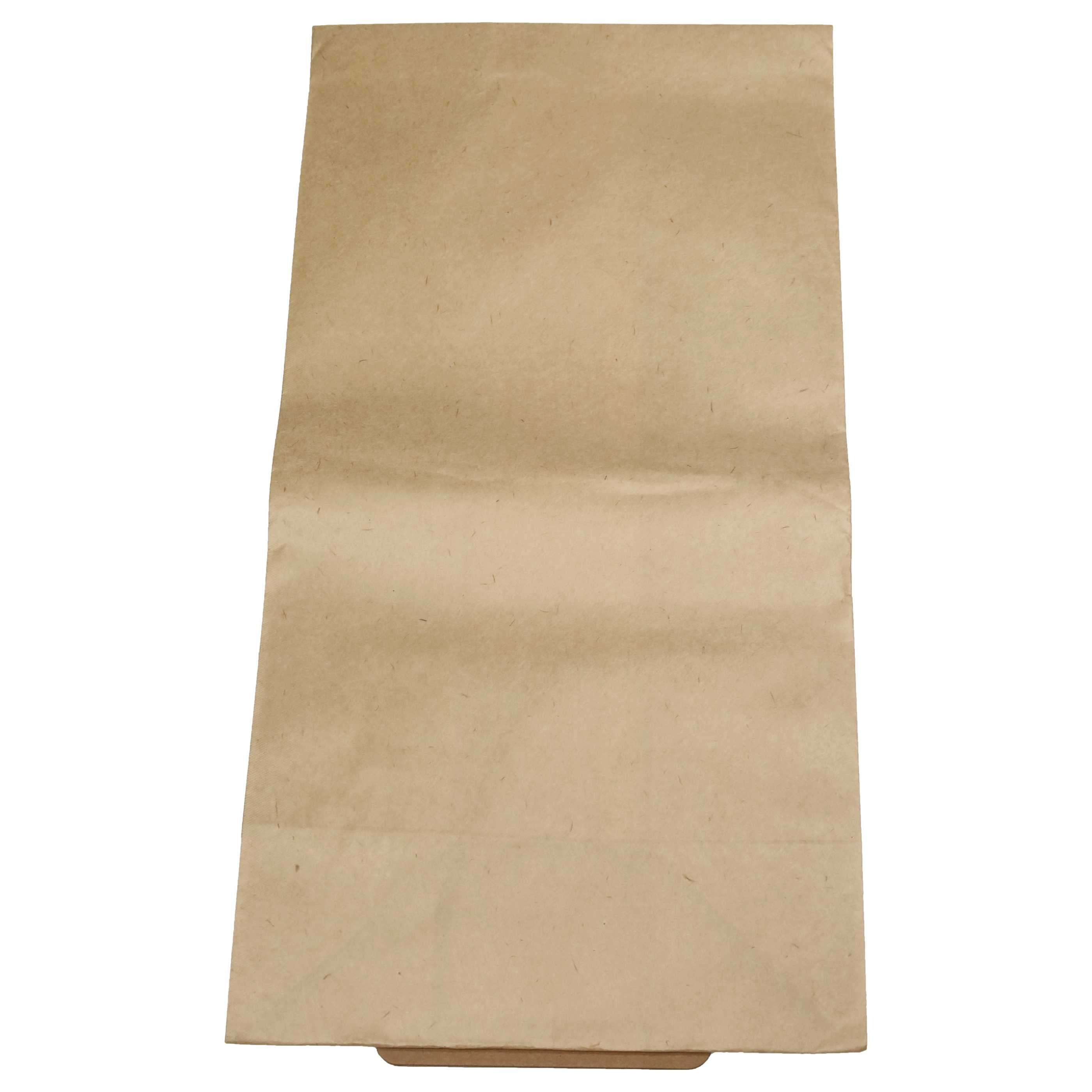 Eine braune Papiertüte, rechteckig, oben leicht geöffnet und unten verschlossen. Isoliert auf weißem Hintergrund.