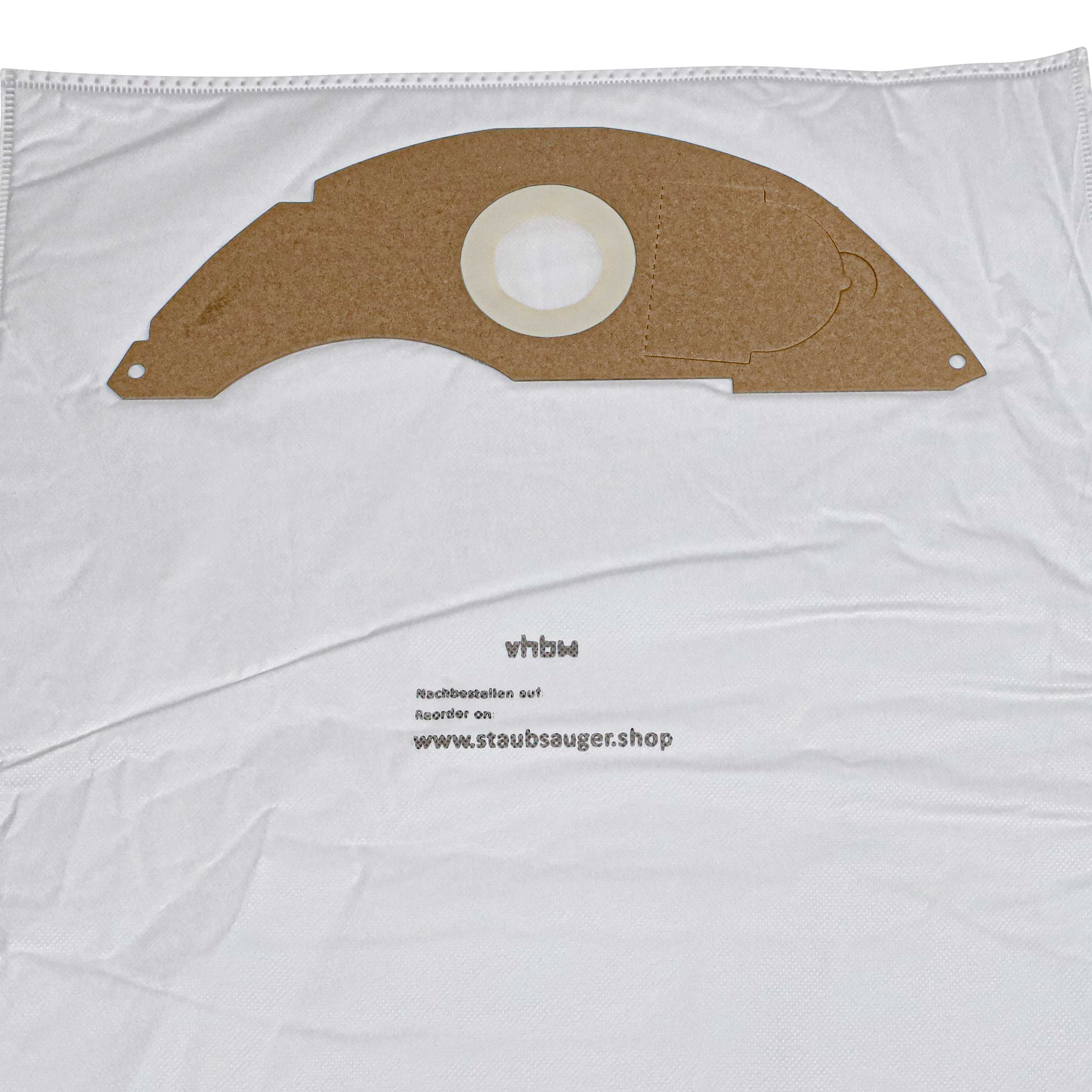 Ein Staubsaugerfilterbeutel, braun und weiß. Text auf der Tasche: vhbw, Nachbestellung auf www.staubsauger.shop.