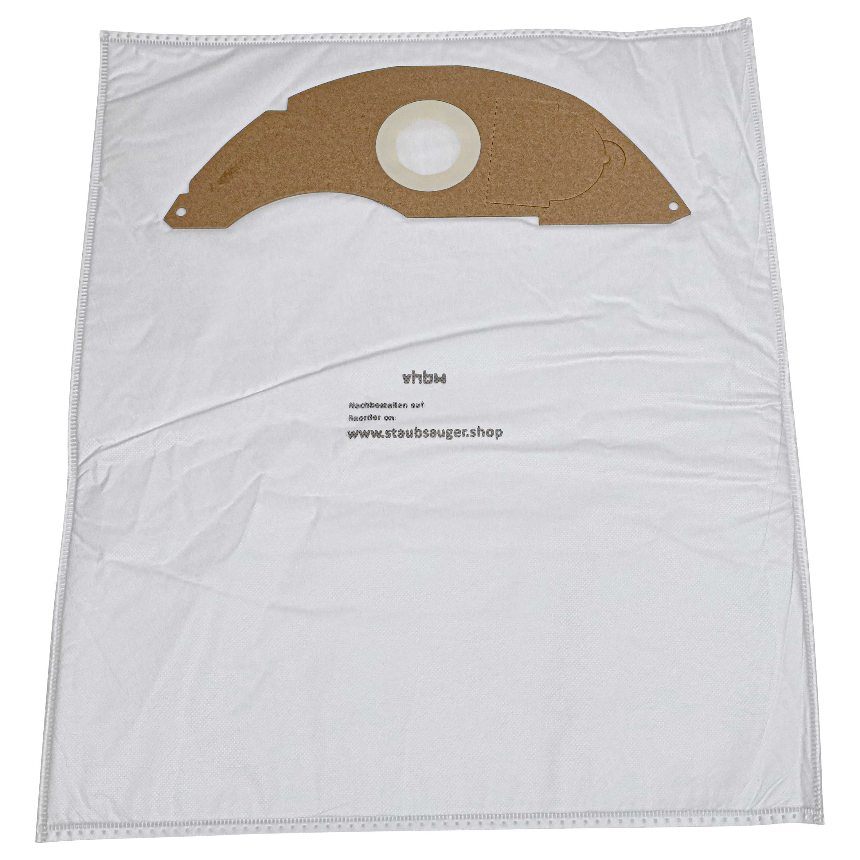 Ein weißer Staubsaugerbeutel mit braunem Kartonfilter. Auf dem Beutel steht vhbw und www.staubsauger.shop.