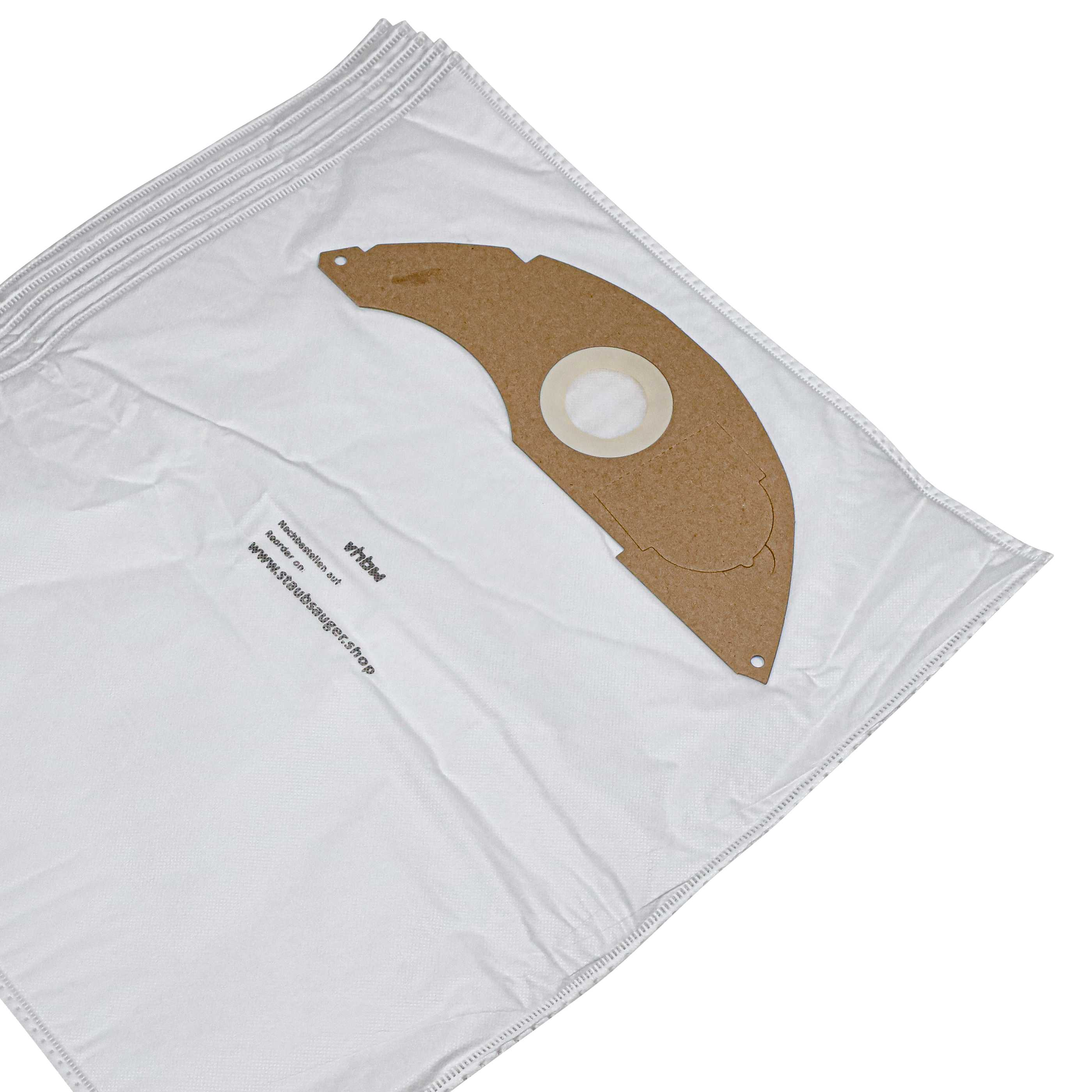 Weißer Staubsaugerfilterbeutel mit braunem Kartonteil. Text auf der Tasche: www.staubsaugershop.shop.
