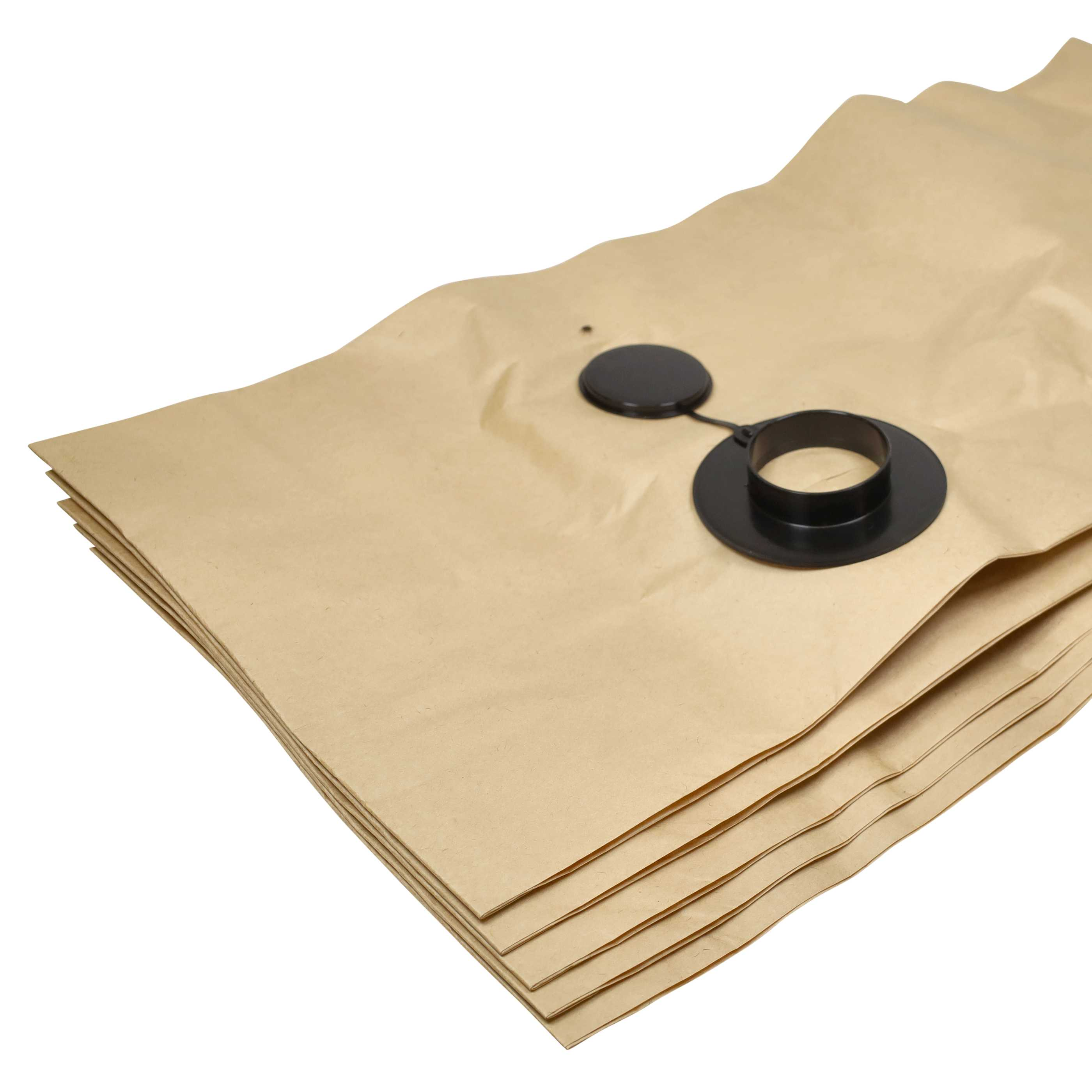 Ein Stapel hellbrauner Papierbögen mit einem schwarzen Kunststoffring und einer Kappe oben, isoliert auf Weiß.