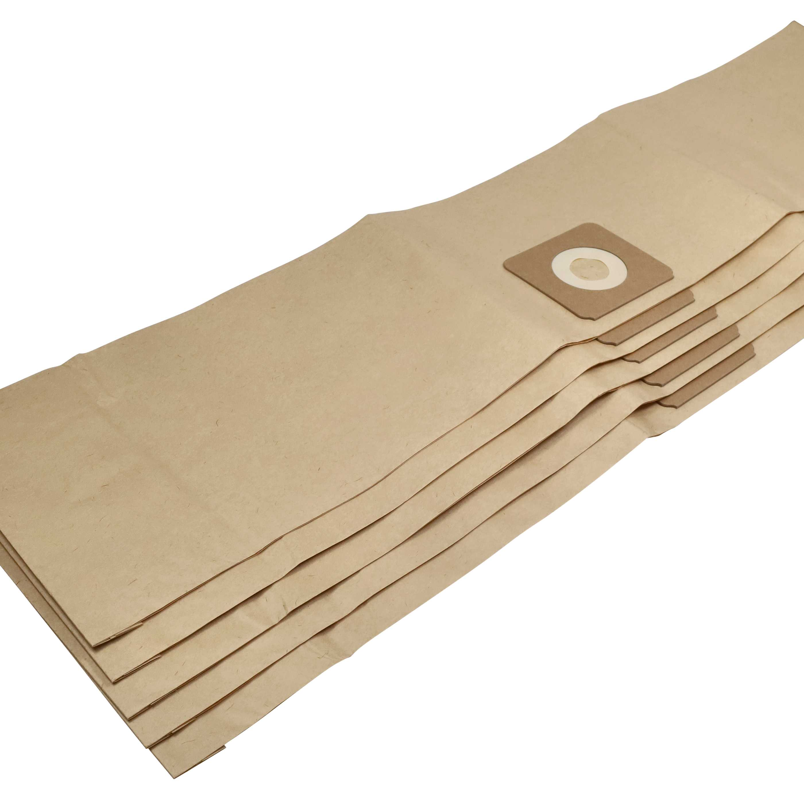 Mehrere beige Papiersaugerbeutel gestapelt auf weißem Hintergrund. Ein Beutel hat eine zentrale Öffnung.