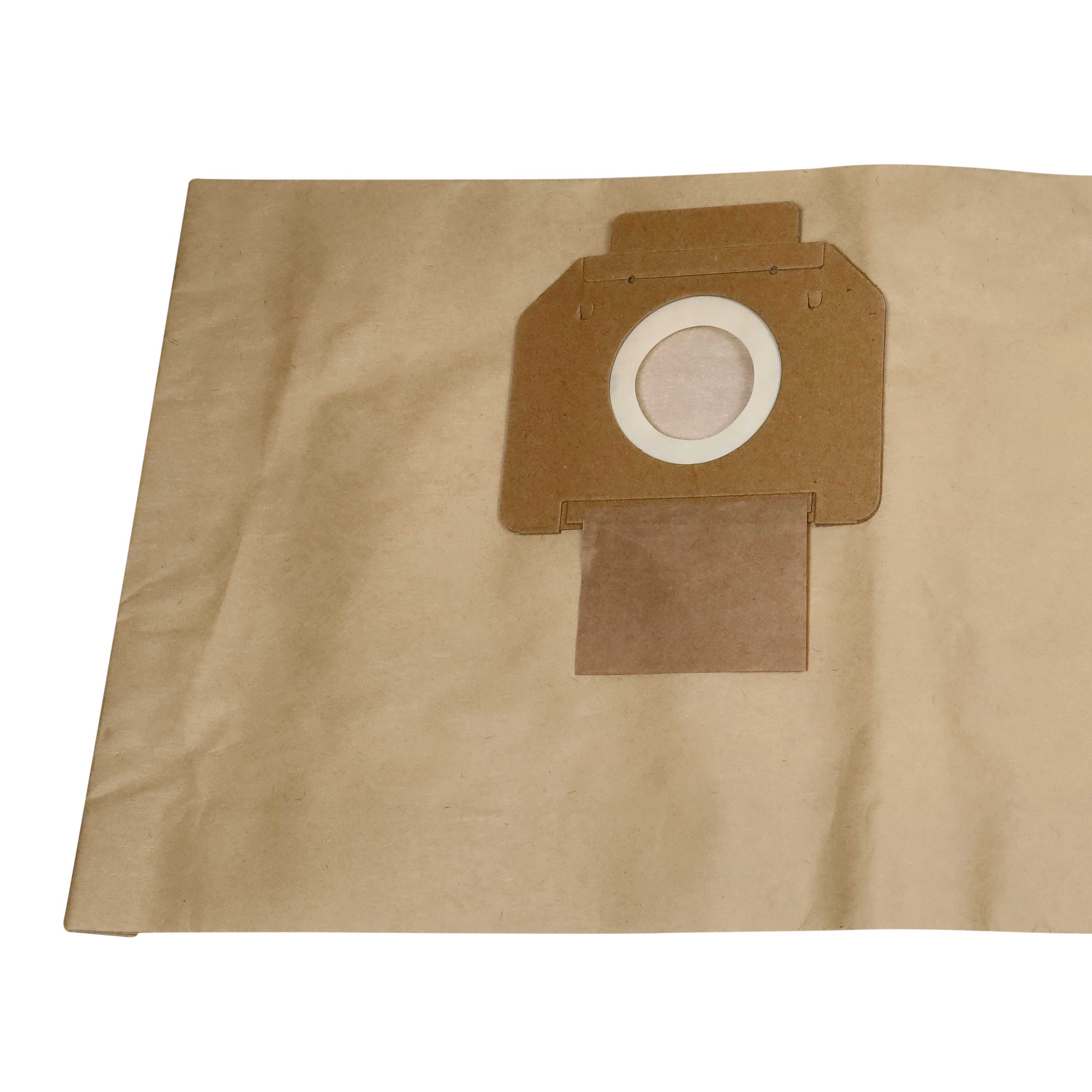Braune Papiertüte für Staubsauger. Hat ein zentrales Pappstück mit kreisförmiger Öffnung und rechteckiger Klappe.