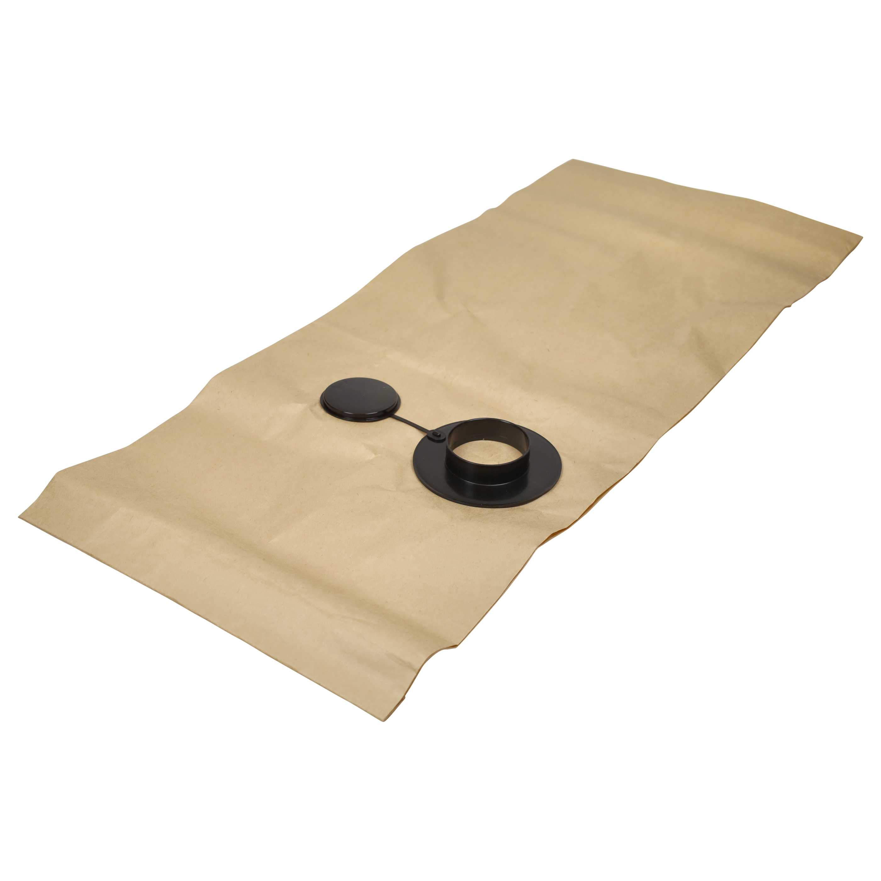 Eine braune Papiertüte mit schwarzem Ring und Deckel liegt auf weißem Untergrund.