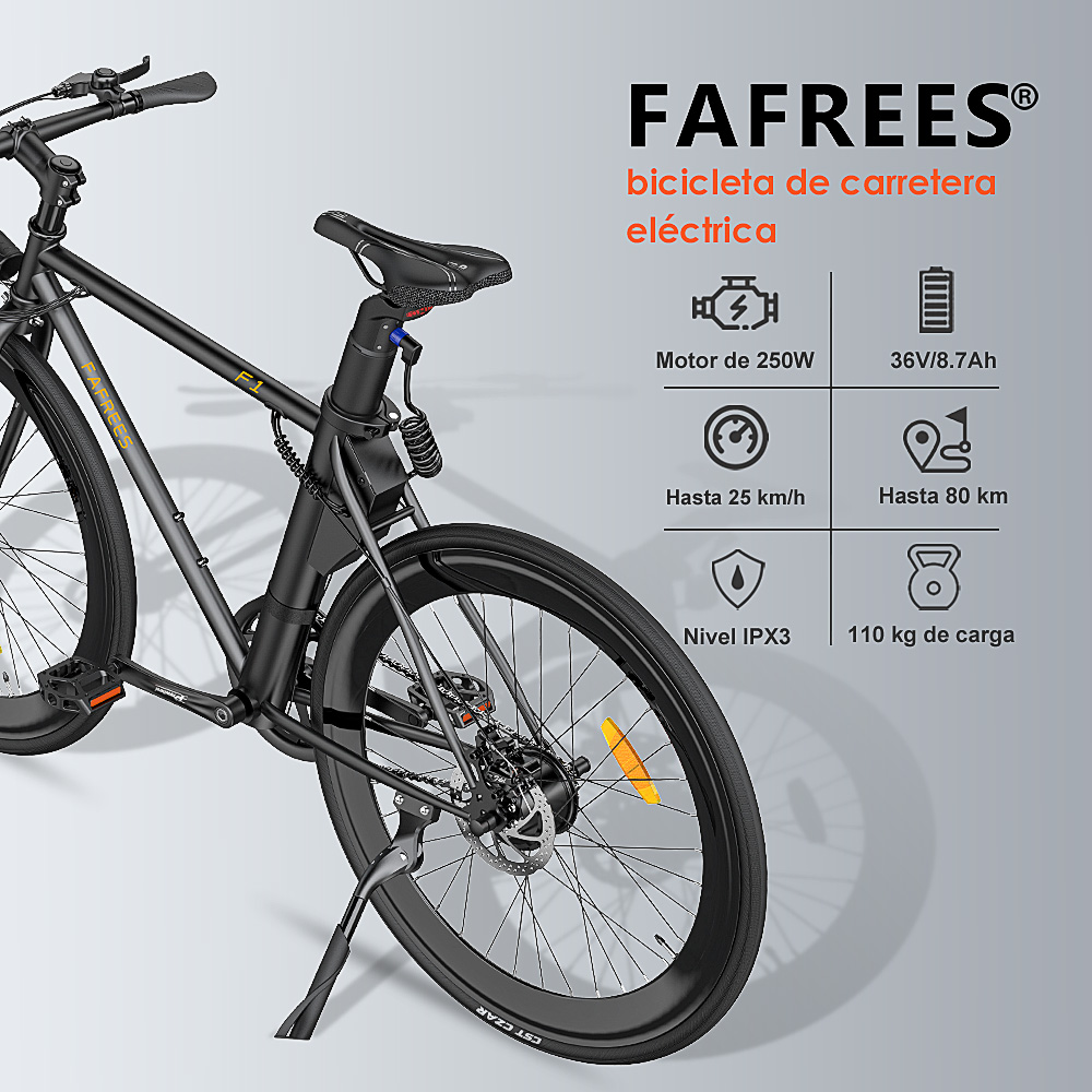 Bicicleta eléctrica negra. El texto muestra especificaciones: motor de 250W, 36V/8.7Ah, velocidad máx. 25km/h, 80km autonomía.
