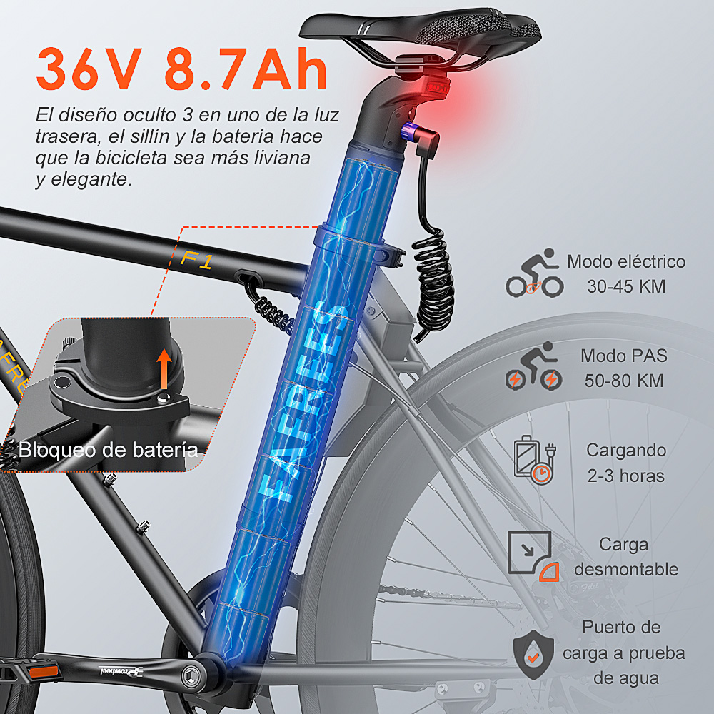 Una bicicleta eléctrica con batería azul. El texto muestra las especificaciones de la batería y detalles sobre la carga y la autonomía, con texto en español.