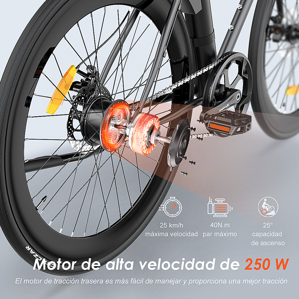 Primer plano de la rueda de e-bike con detalles del motor en naranja. El texto muestra velocidad, par y capacidad de ascenso.