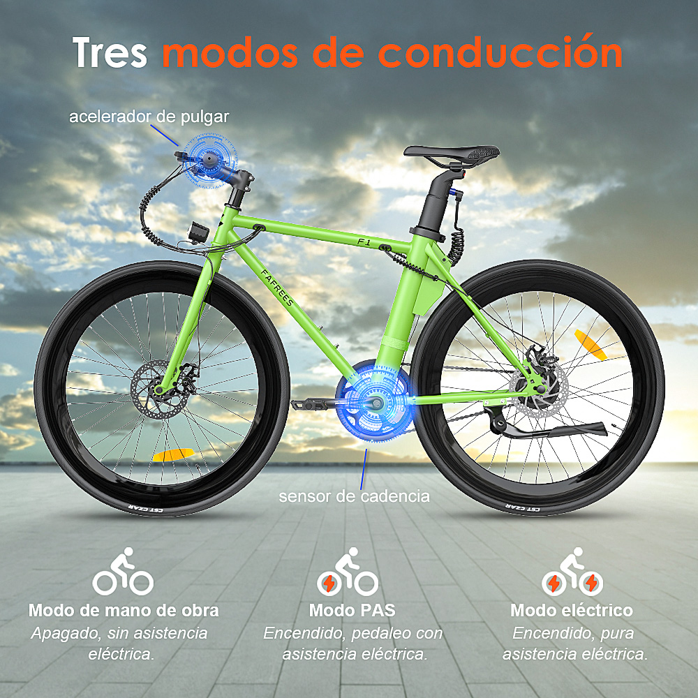 Se presenta una bicicleta eléctrica verde con neumáticos negros y tres modos de conducción. Textos en español explican los modos: manual, PAS y eléctrico.