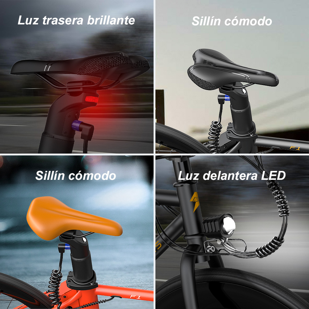 La imagen muestra partes de la bicicleta: asiento con luz trasera, asiento, asiento, luz delantera LED. La bicicleta es negra y roja.
