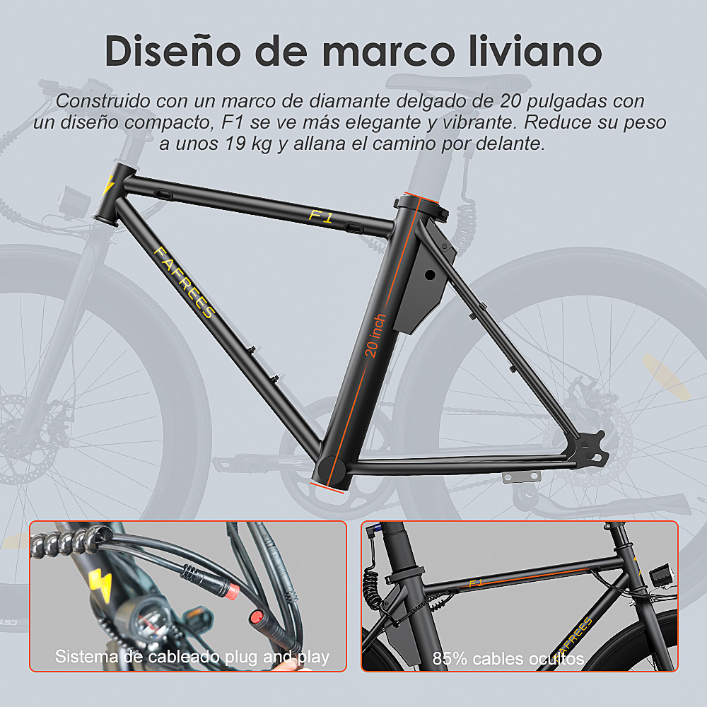 Cuadro de bicicleta negro con detalles naranjas y superposición de texto. Detalles muestran el cableado y cables ocultos.