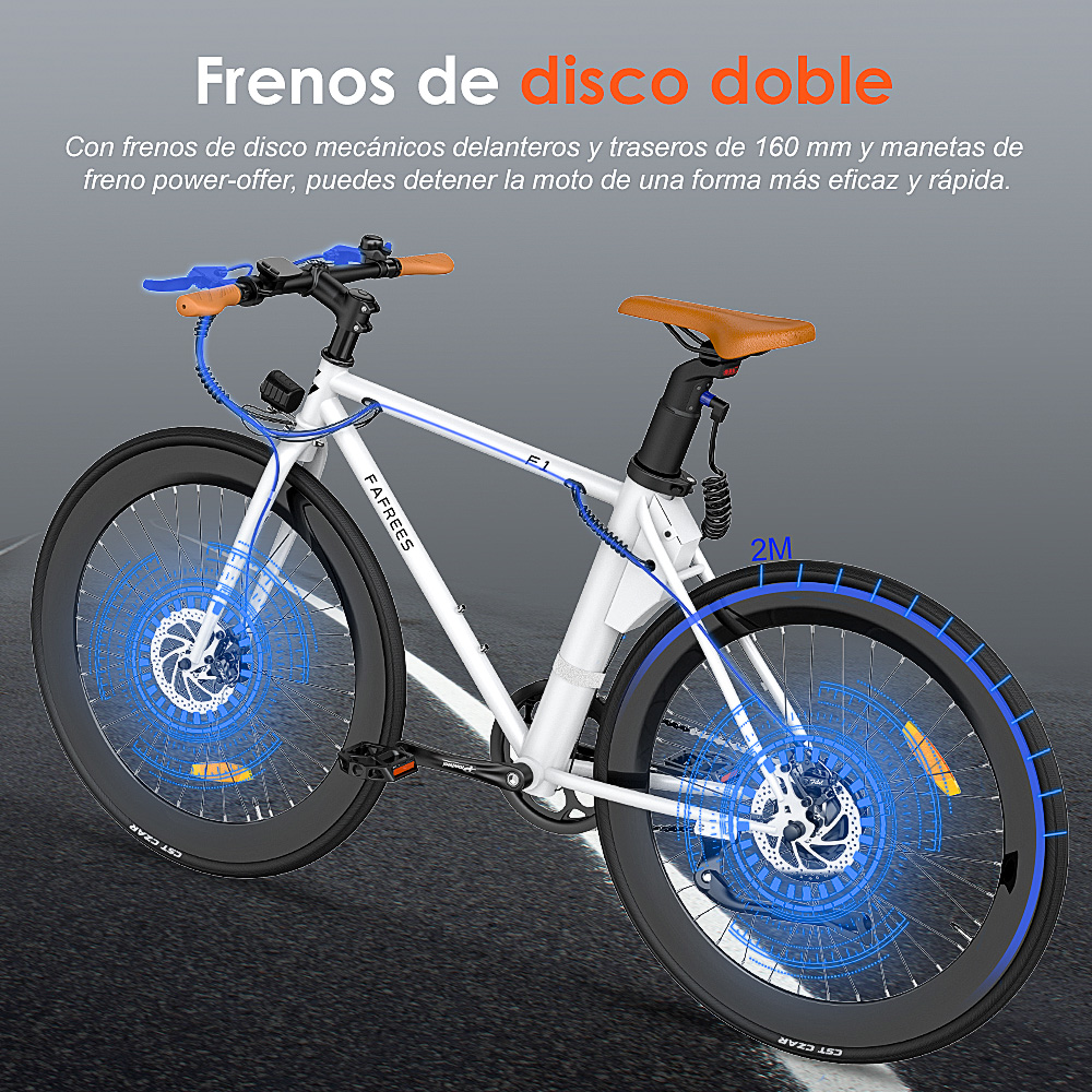 Bicicleta eléctrica blanca con detalles azules, frenos de disco y asiento marrón. Texto en español: 'frenos de disco doble'.