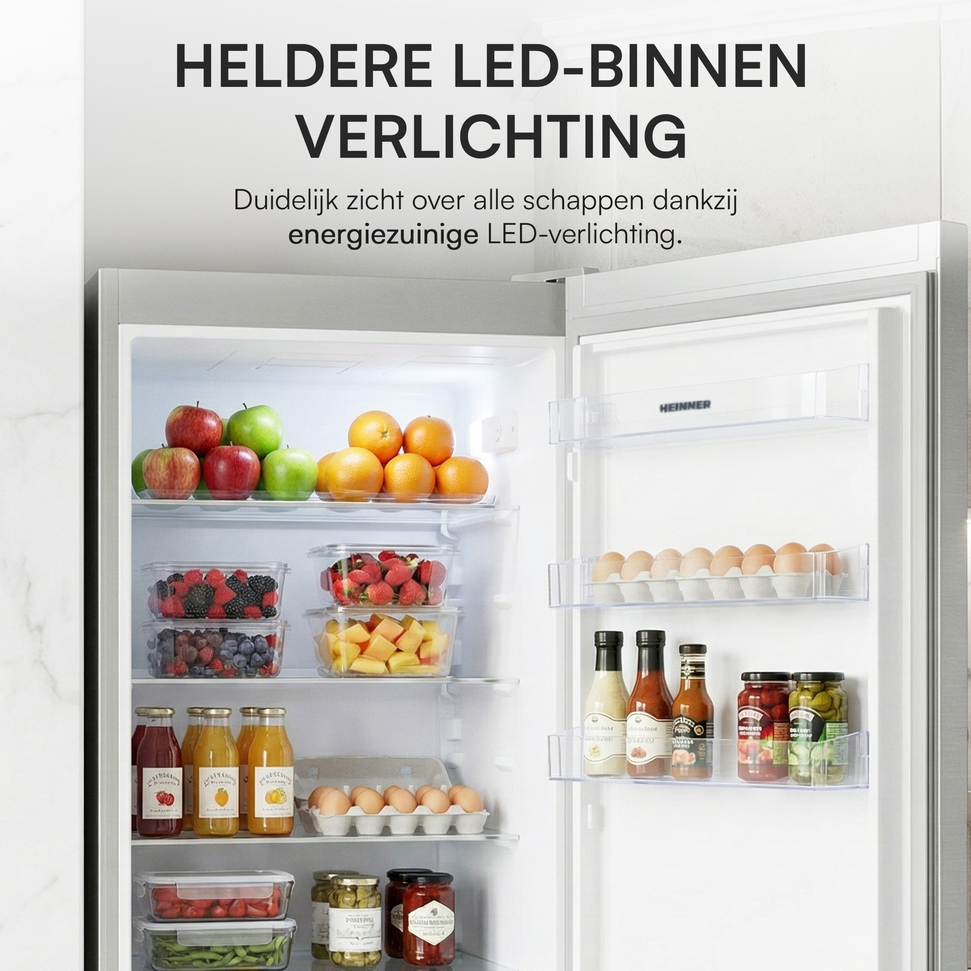 Réfrigérateur ouvert rempli de fruits, légumes, œufs et sauces. Il a un éclairage LED. Le texte en haut est 'Éclairage LED'.