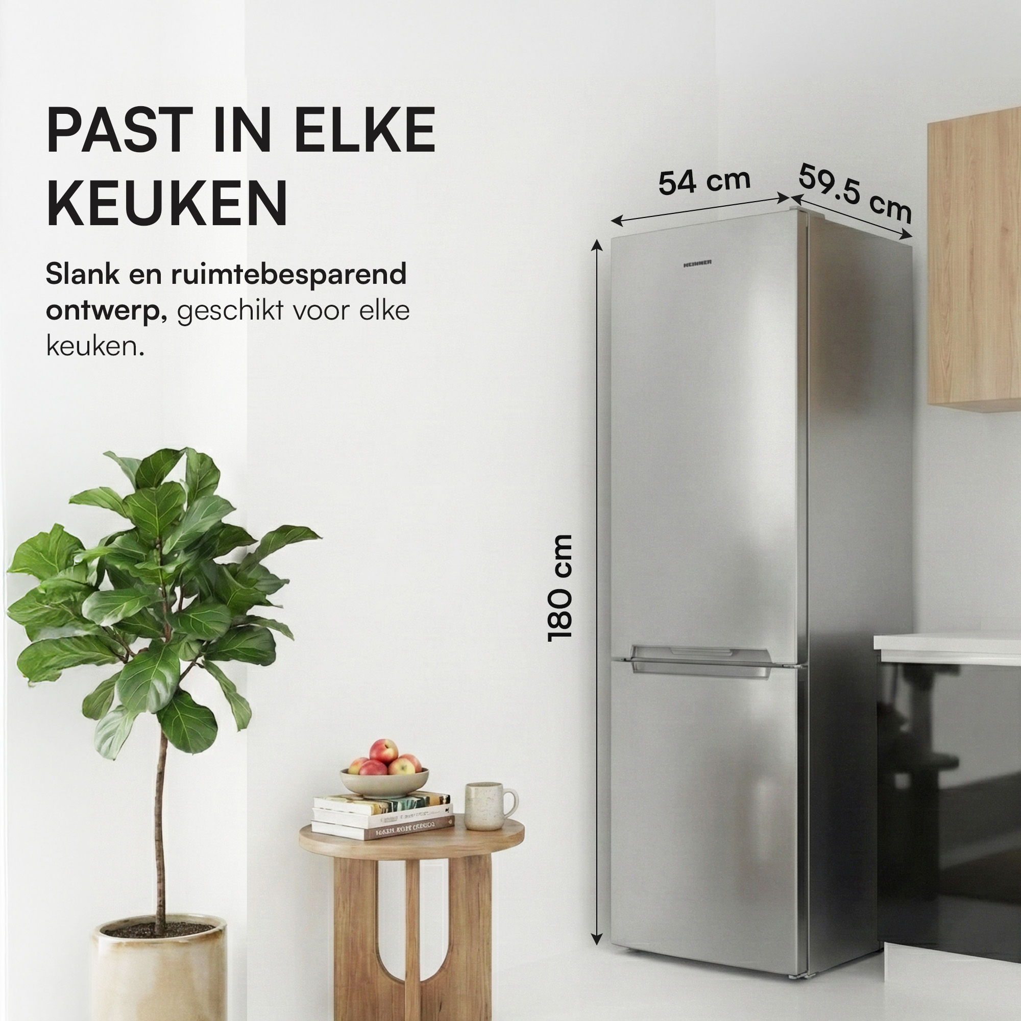 Un réfrigérateur en acier inoxydable est à côté d'une plante et d'une petite table avec des livres et une tasse. Le texte est sur le mur.
