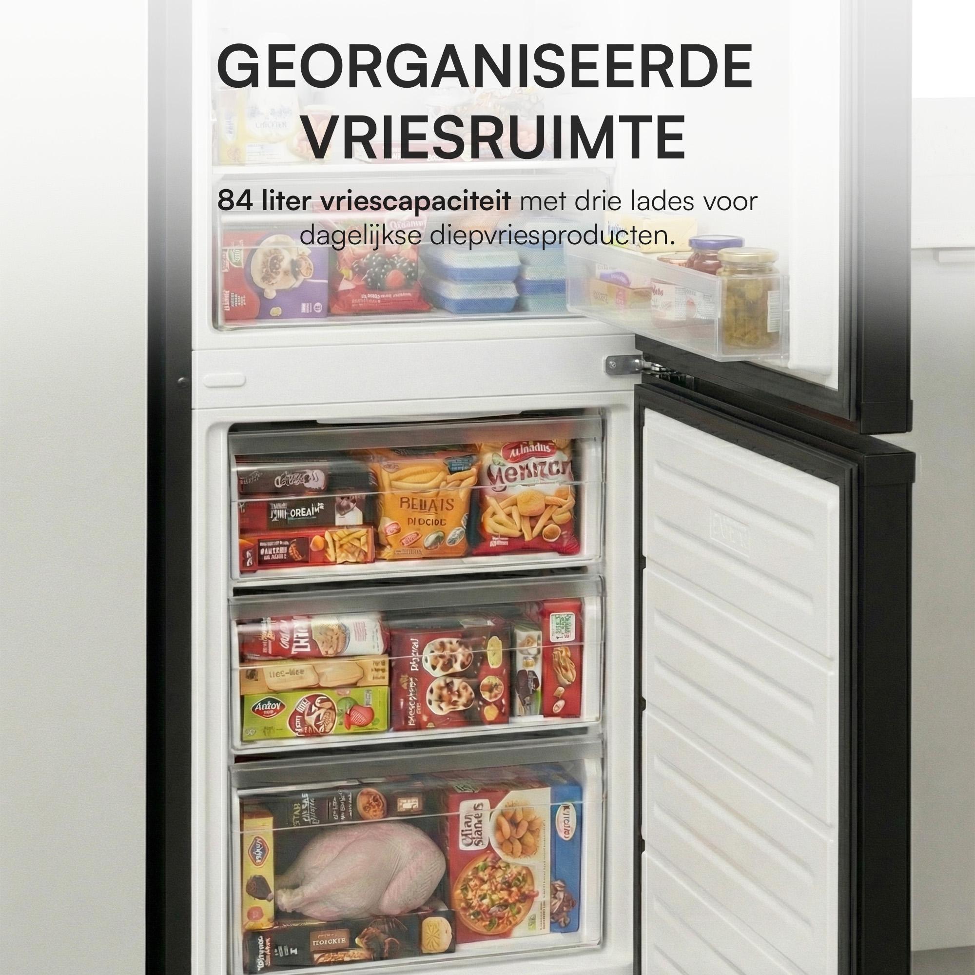 Un congélateur avec trois tiroirs, remplis d'aliments surgelés. En haut, il est écrit 'Espace congélateur organisé'.