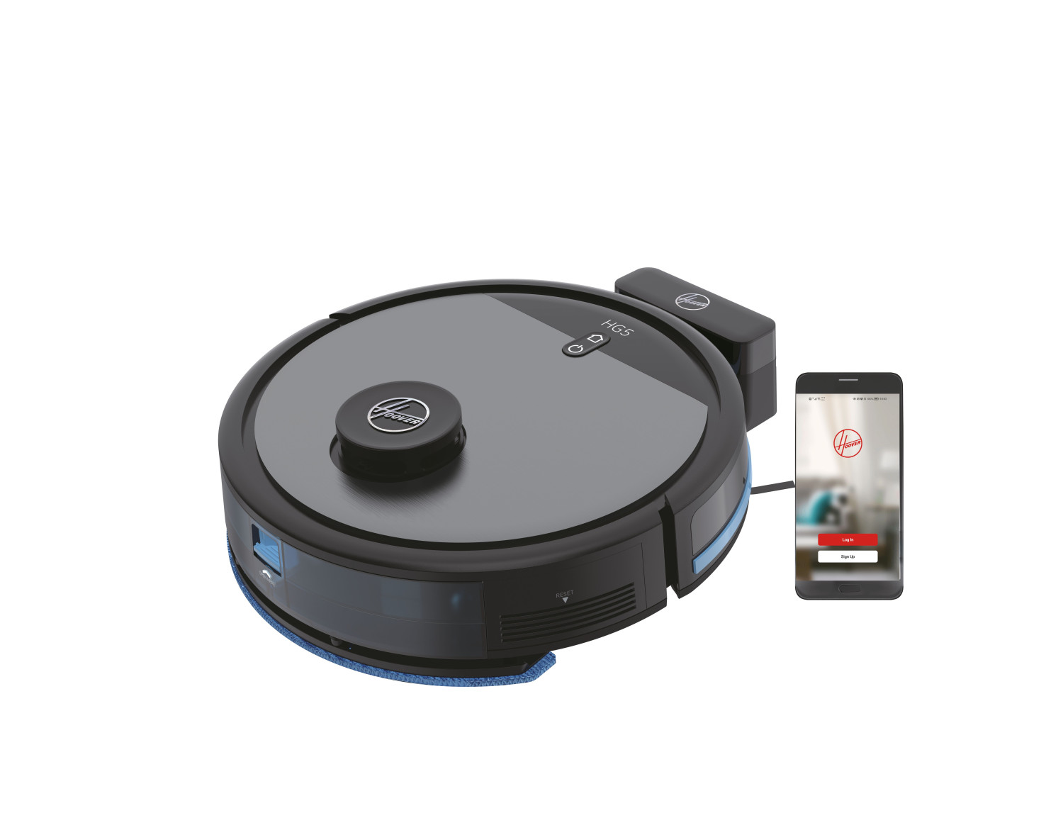 Ein schwarzer und grauer Hoover-Roboterstaubsauger mit Ladestation und Smartphone mit Hoover-App-Oberfläche.