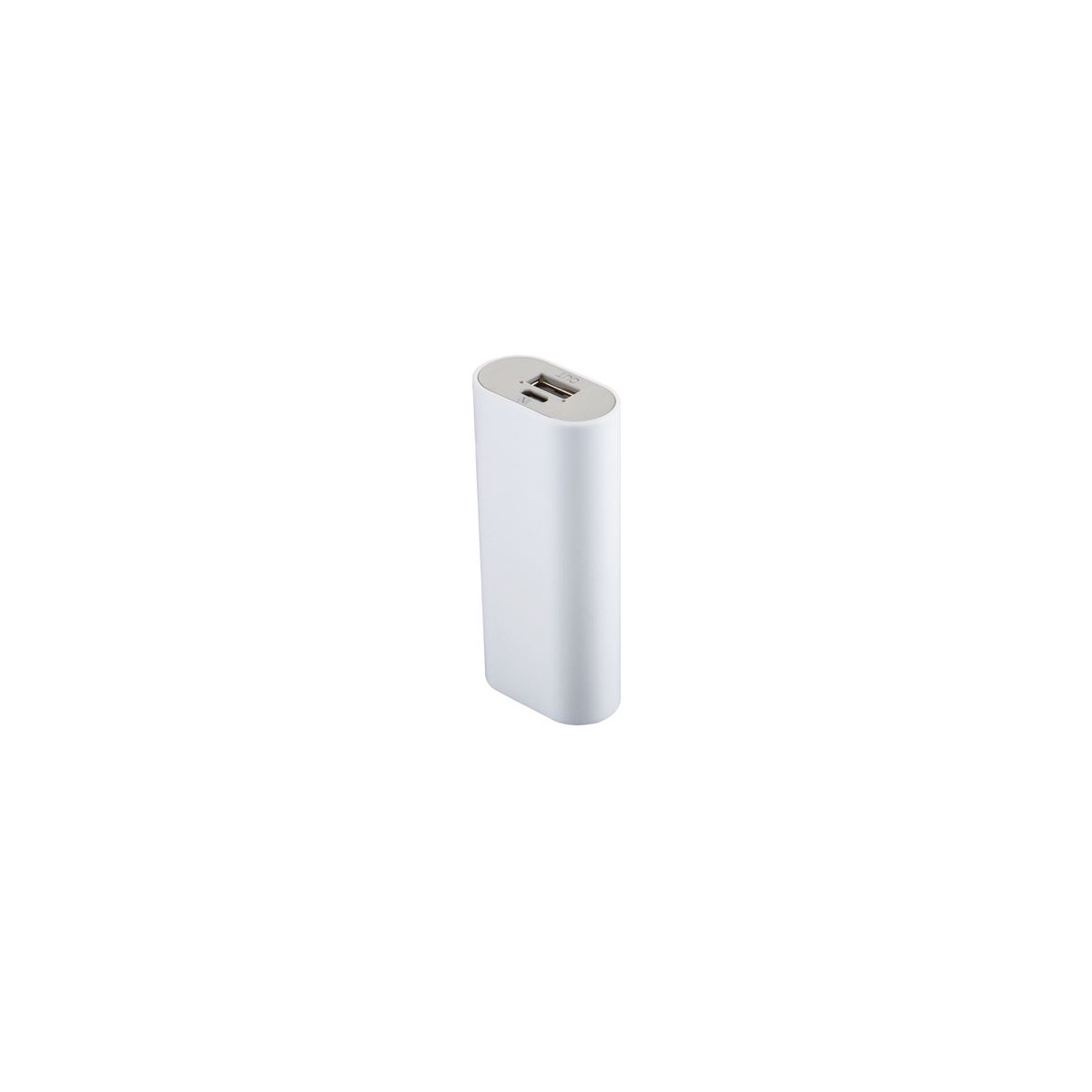 Un power bank bianco con due porte USB in alto. È rettangolare con bordi arrotondati, su sfondo bianco.
