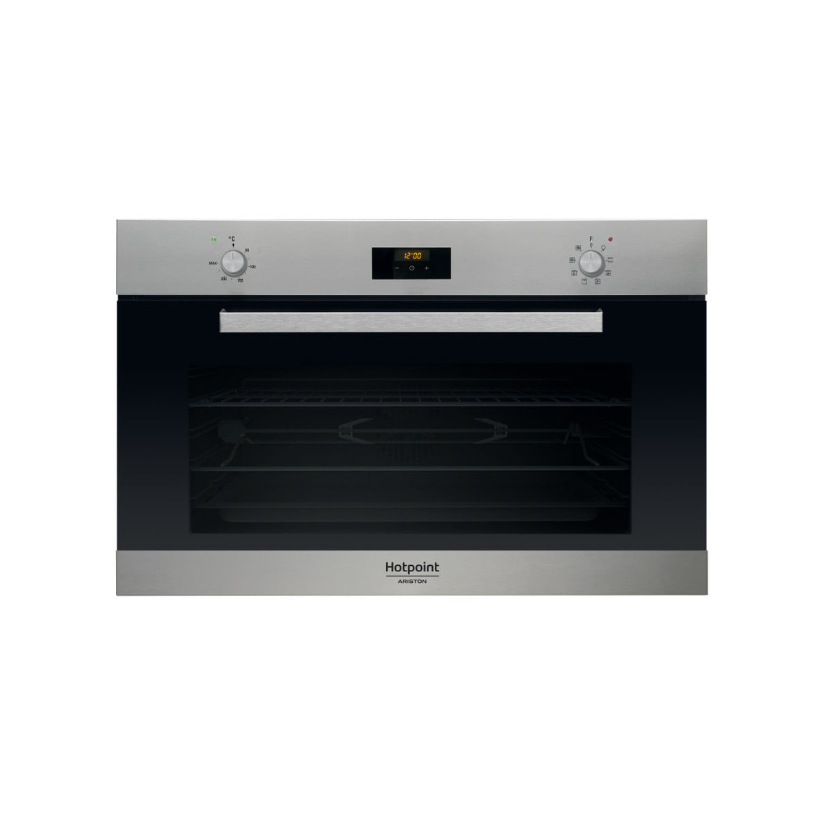 Un forno Hotpoint in acciaio inossidabile. Ha un display digitale, manopole e una porta a vetro che rivela le griglie del forno. L'ora è 12:00.