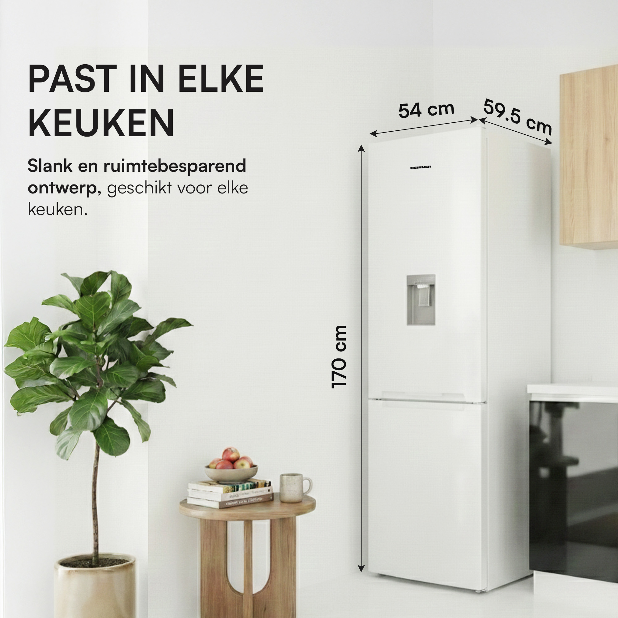 Réfrigérateur blanc avec dimensions. Texte : 'S'intègre dans toutes les cuisines'. Plante et table à gauche.