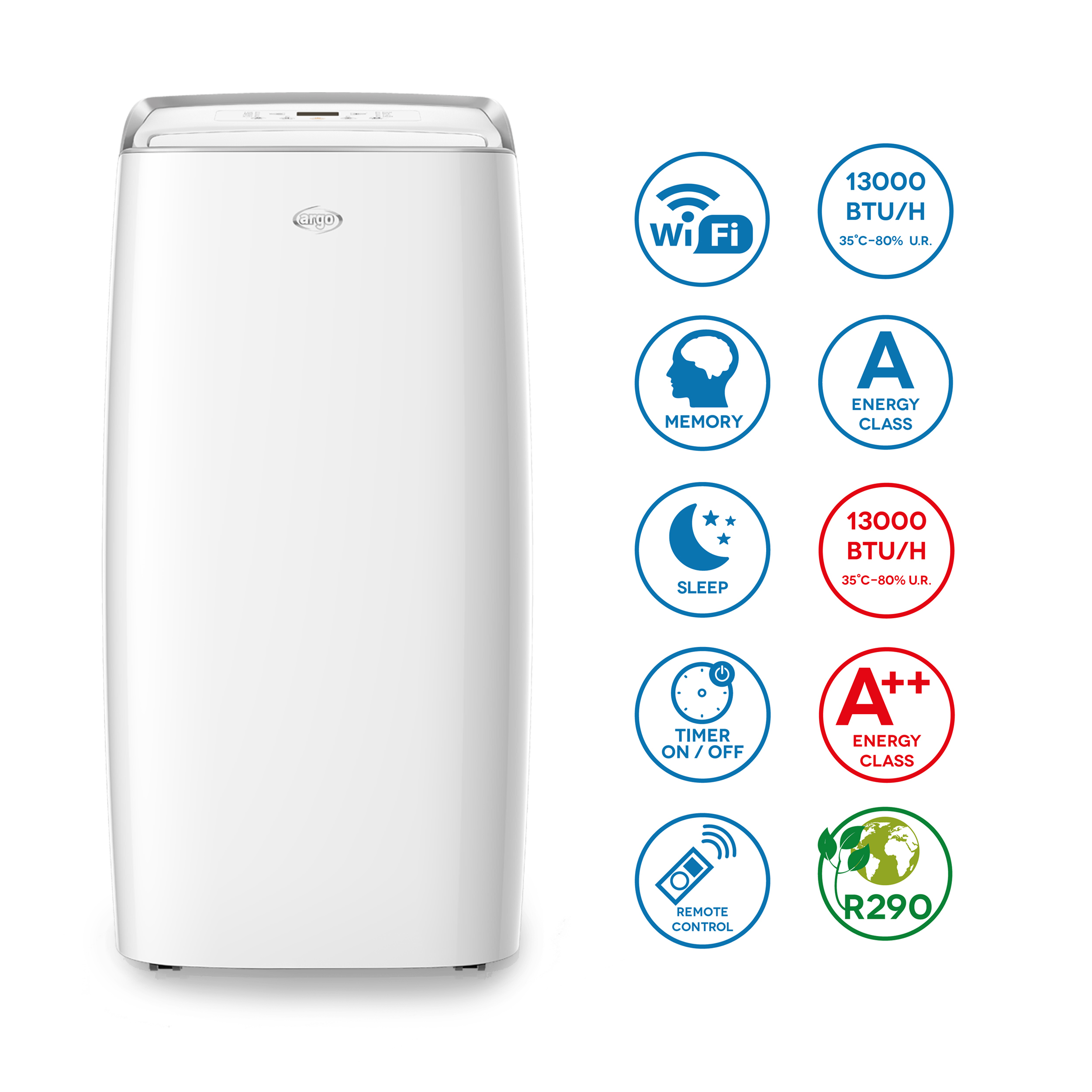 Un condizionatore d'aria portatile bianco con icone per Wi-Fi, sonno, timer ed efficienza energetica e un telecomando.