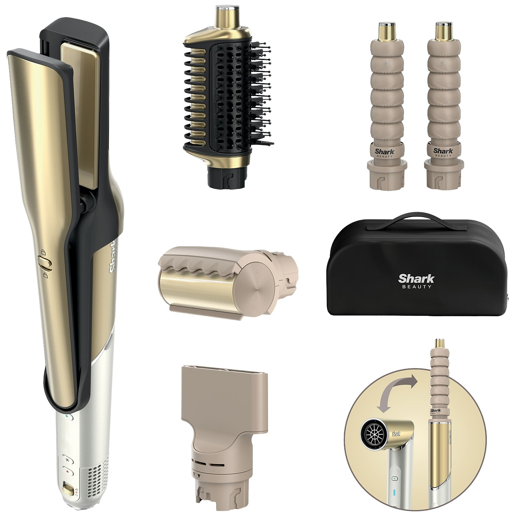 Een haarstyling set met een stijltang, opzetstukken en een etui. Goud en zilver domineren. Het merk is Shark Beauty.