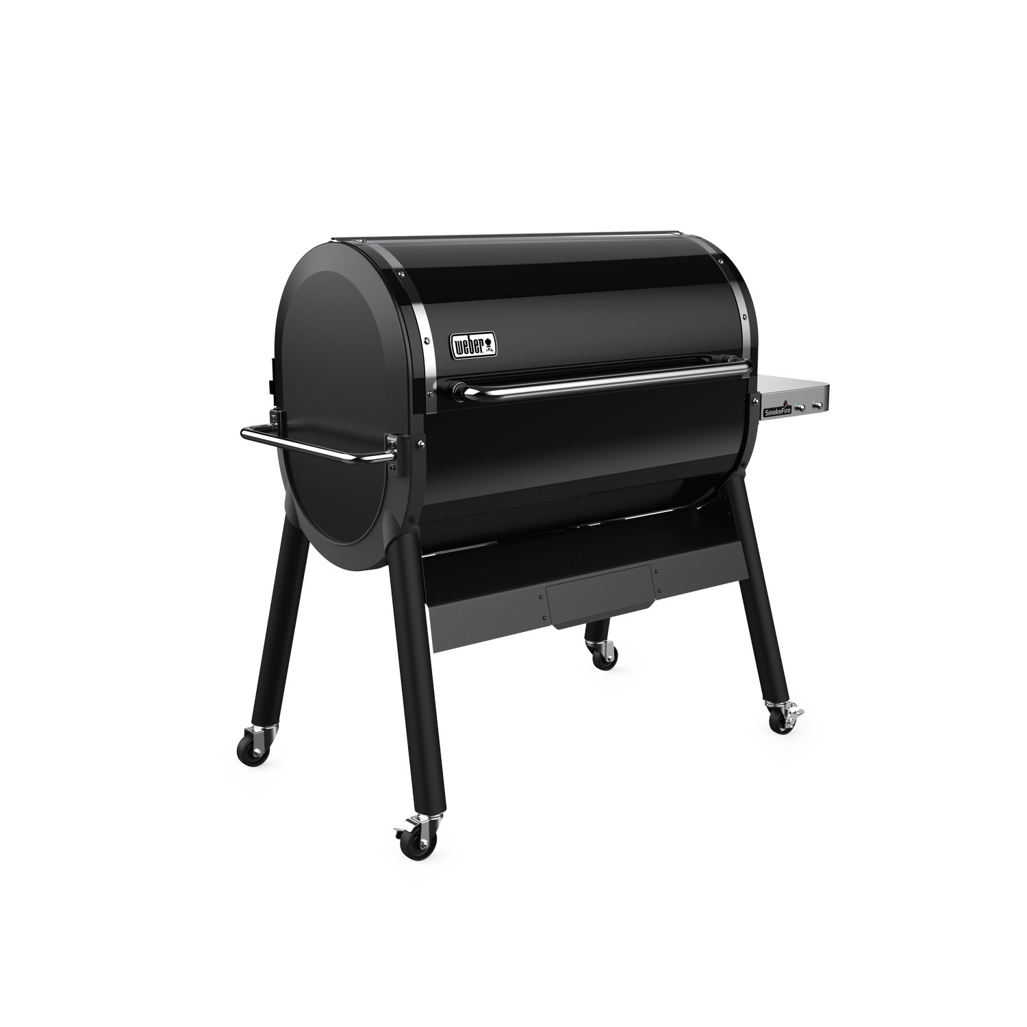 Una griglia Weber nera con coperchio e gambe arrotondate, maniglie in acciaio inossidabile e un ripiano laterale, su sfondo bianco.