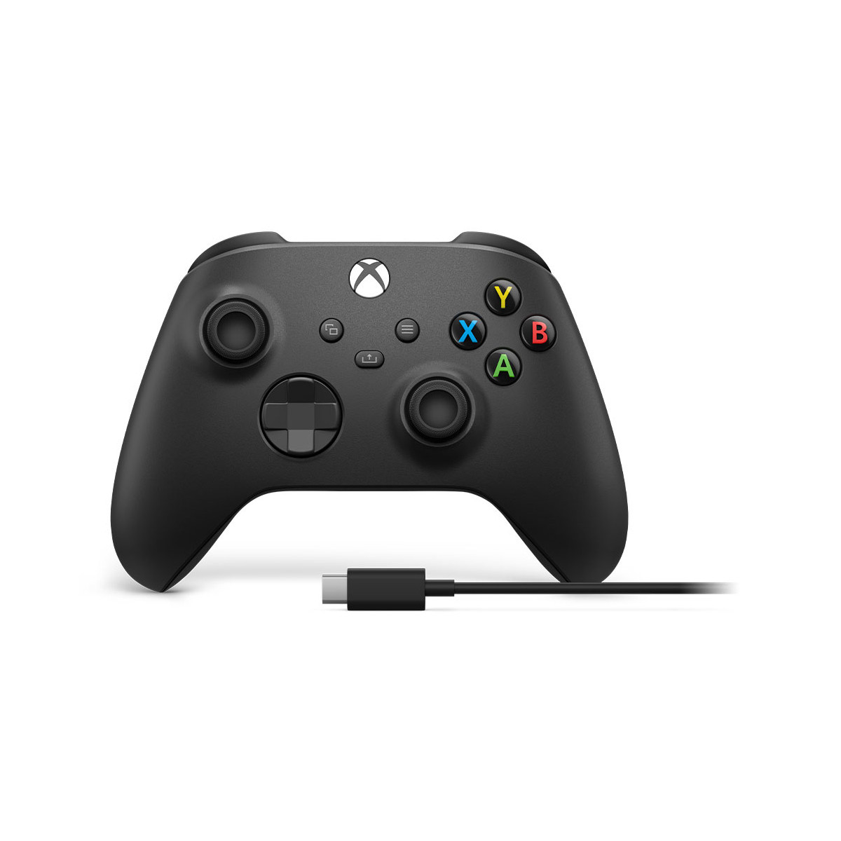 Un controller Xbox nero con pulsanti colorati. È collegato un cavo USB-C. Lo sfondo è bianco.
