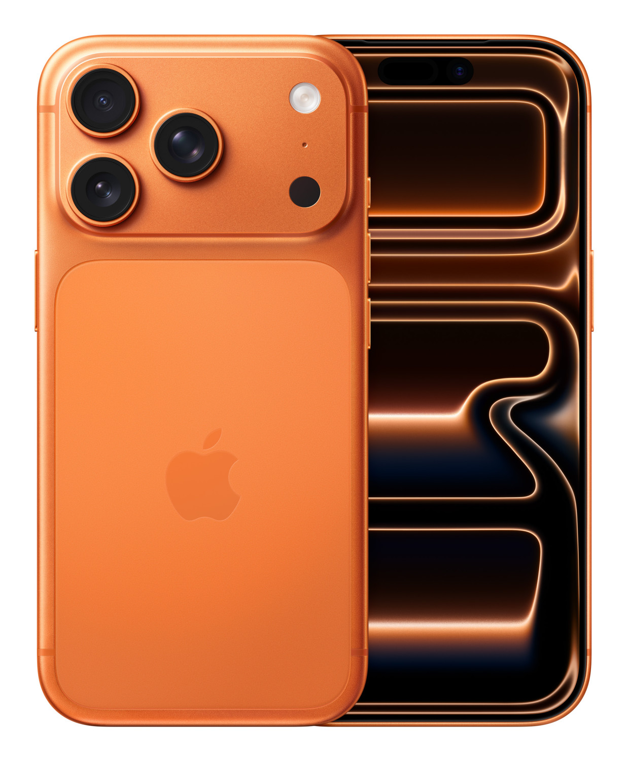 iPhone arancione con più fotocamere sul retro e schermo nero con linee arancioni, logo Apple sul retro.