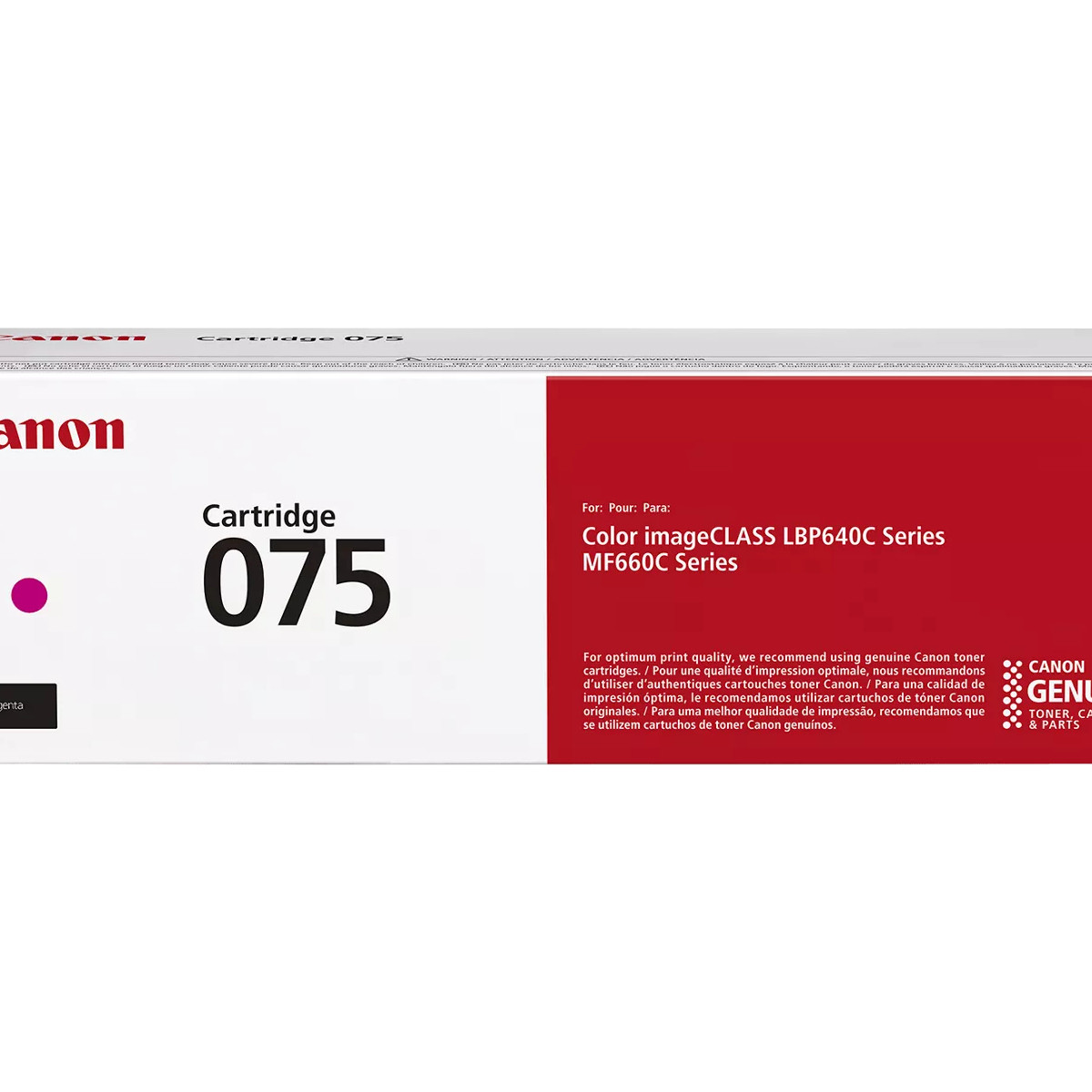Una scatola di cartucce Canon. La scatola è bianca con dettagli rossi. Il testo include 'Cartridge 075' e 'imageCLASS'.