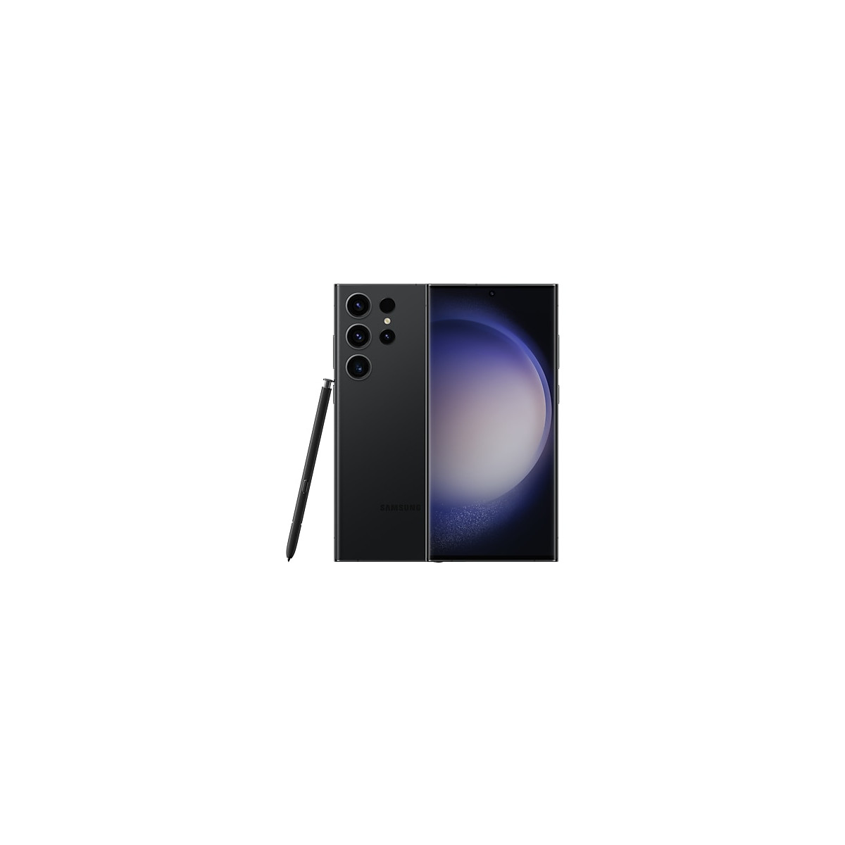 Uno smartphone Samsung nero con stilo. Il telefono ha tre fotocamere. Lo schermo mostra una sfumatura colorata. Sfondo bianco.