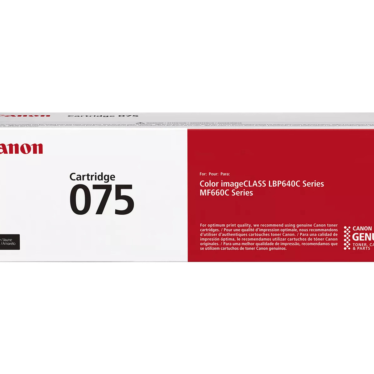 075 numaralı bir Canon kartuş kutusu. Canon logosu ve İngilizce, Fransızca, İspanyolca ve Portekizce metinleri var.