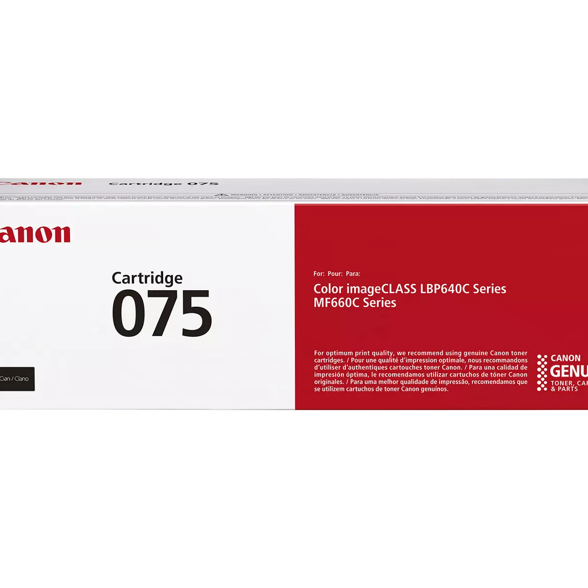 Canon kartuş kutusu. Beyaz zemin, kırmızı metin ve siyah sayılar. Metin 'Cartridge 075' ve 'Color imageCLASS' içerir.