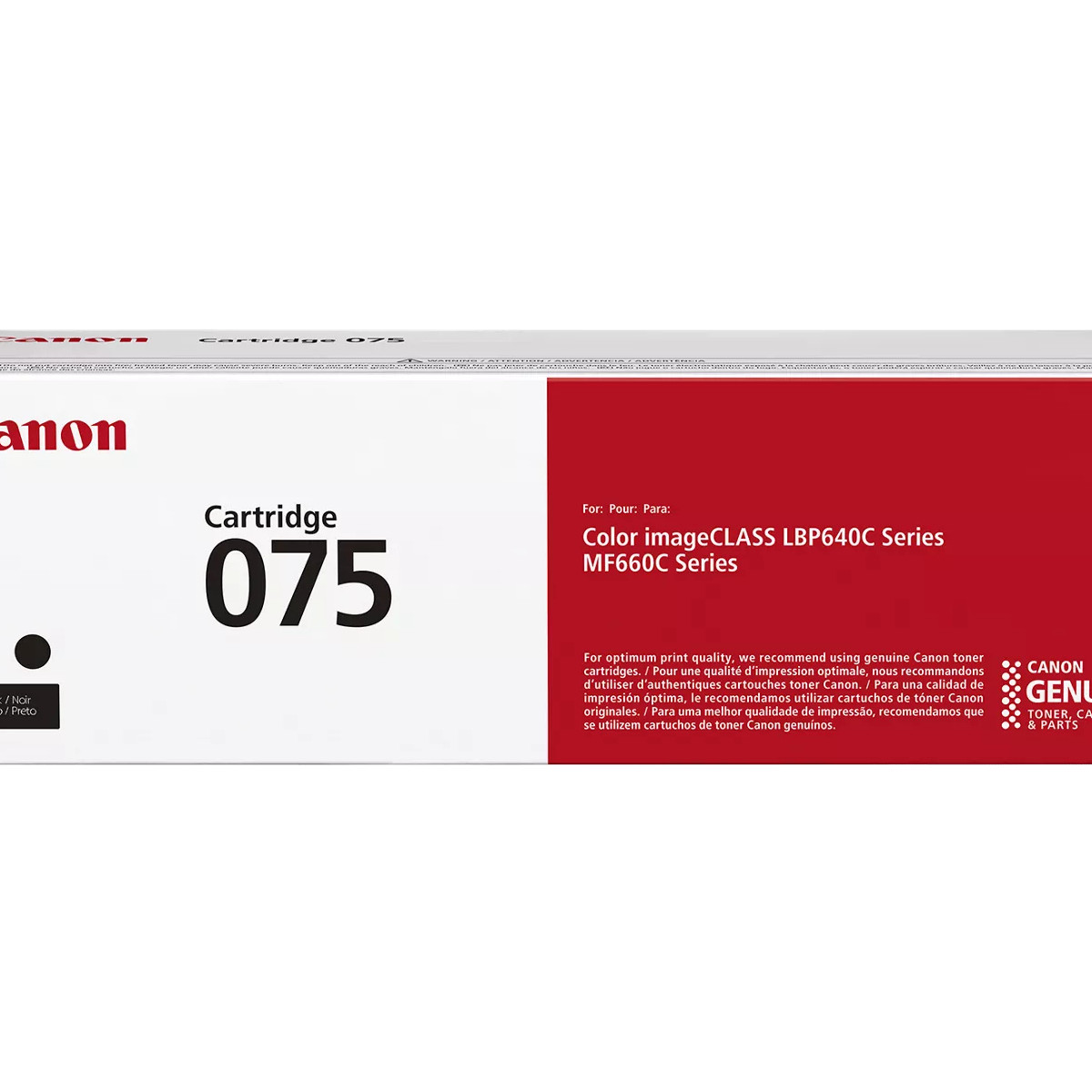 Canon kartuş kutusu, 'Cartridge 075' yazısıyla. Ürün serilerini ve toner kartuşu tavsiyelerini içerir.