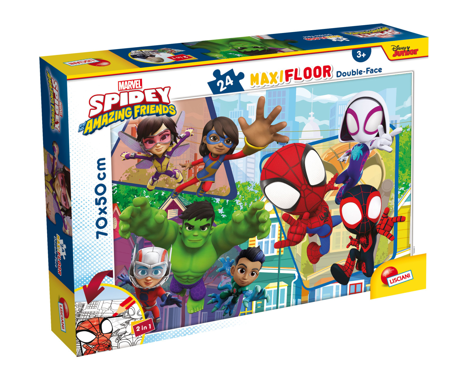 Eine Spidey and his Amazing Friends Puzzlebox. Sie zeigt Cartoon-Charaktere wie Spiderman, Hulk und andere. Die Box ist bunt.