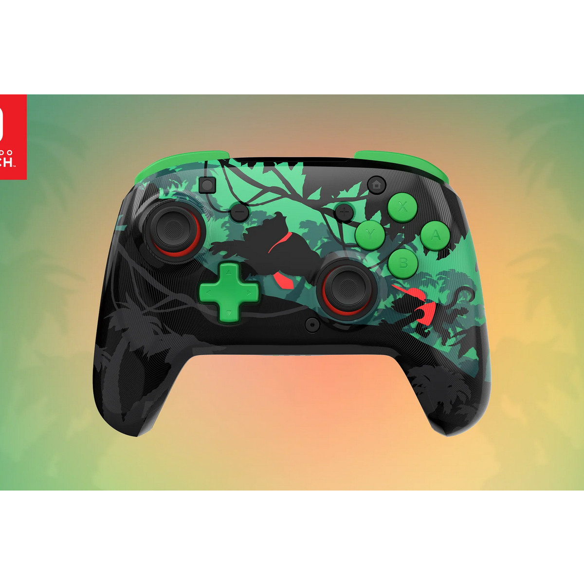 Ein Nintendo Switch-Controller mit grünem Dschungeldesign, Gorillasilhouette und grünen Knöpfen.