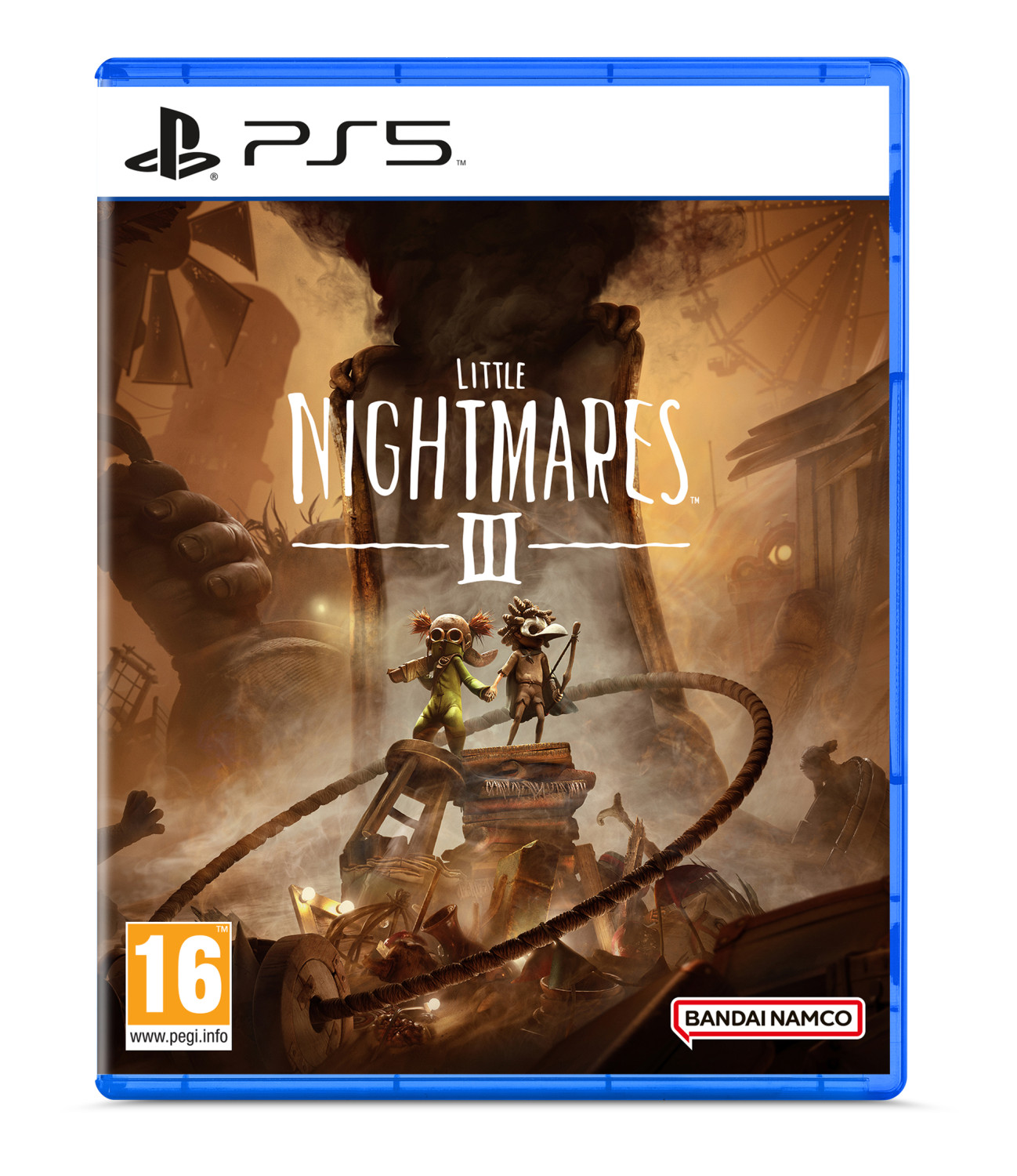 Arte de la caja del juego Little Nightmares III. Dos personajes están sobre una estructura, fondo con tema industrial oscuro.