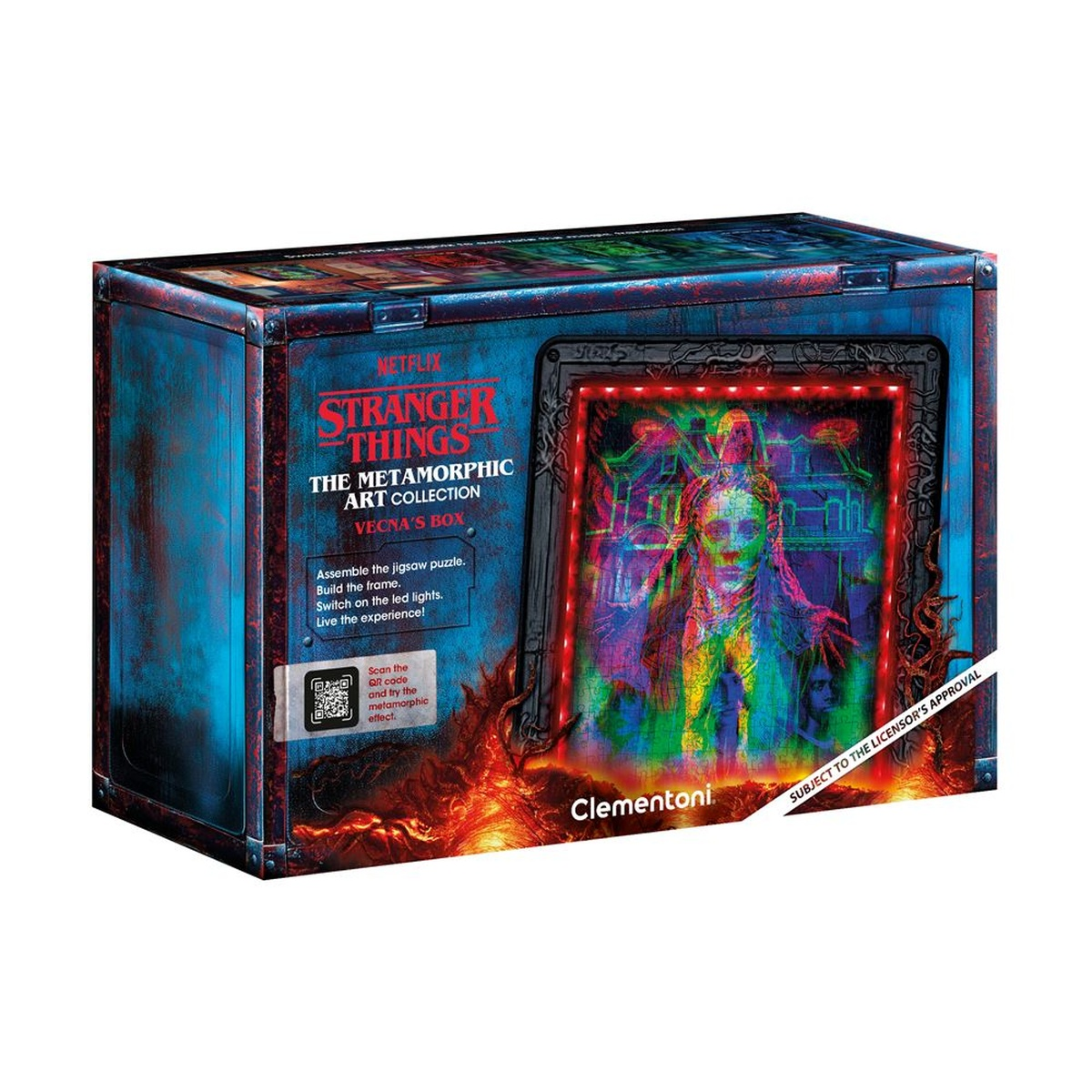 Een Stranger Things puzzelbox. Het heeft een afbeelding van een personage met een huis op de achtergrond en rode lichten rond het frame.