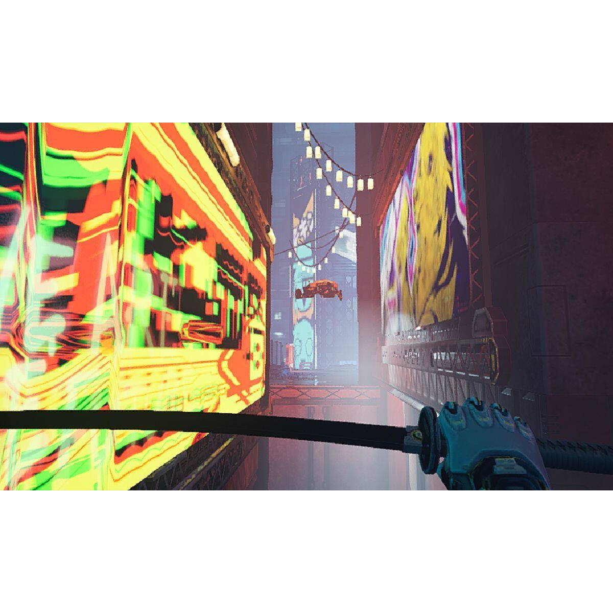 Una strada futuristica con insegne al neon. Una mano che tiene una katana. Un veicolo volante sullo sfondo. Luci colorate.