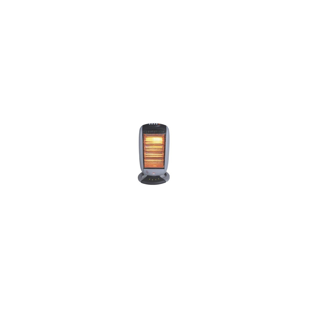 Un termoventilatore elettrico grigio con la parte superiore nera è centrato. Il termoventilatore ha un elemento riscaldante arancione incandescente. Lo sfondo è bianco.