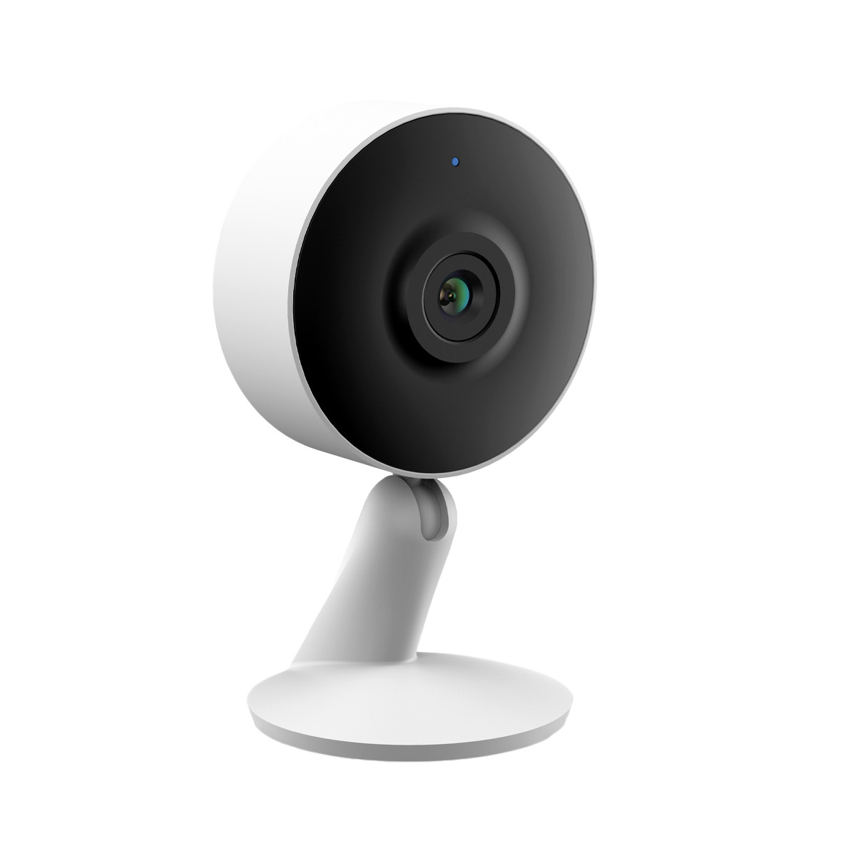 Una telecamera di sicurezza bianca con lente nera. Si trova su una base bianca, con una luce blu sopra. Isolato su bianco.