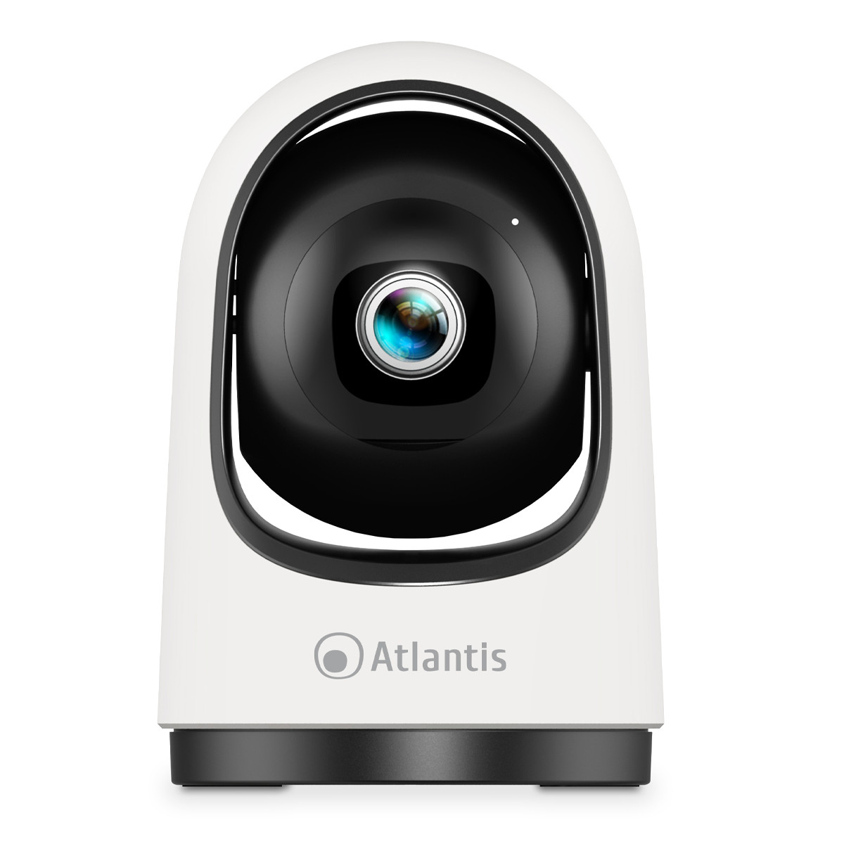 Una telecamera di sicurezza bianca e nera. Ha un obiettivo nero, un corpo bianco e il logo Atlantis.