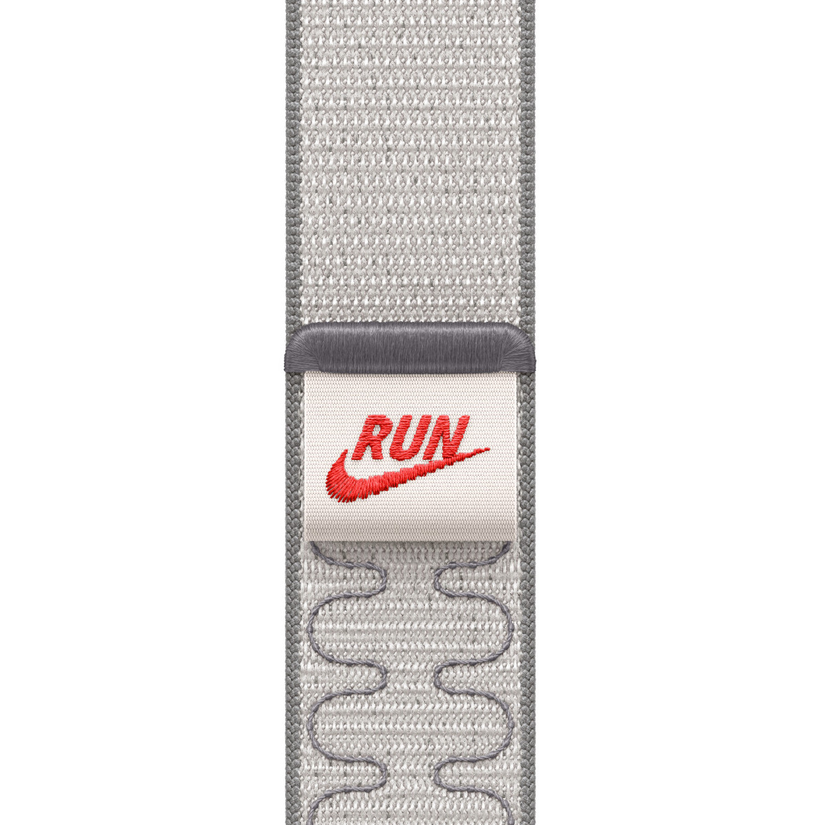 Una fascia grigia con un'etichetta con la scritta 'RUN' e il logo Nike rosso. La fascia ha un motivo ondulato.