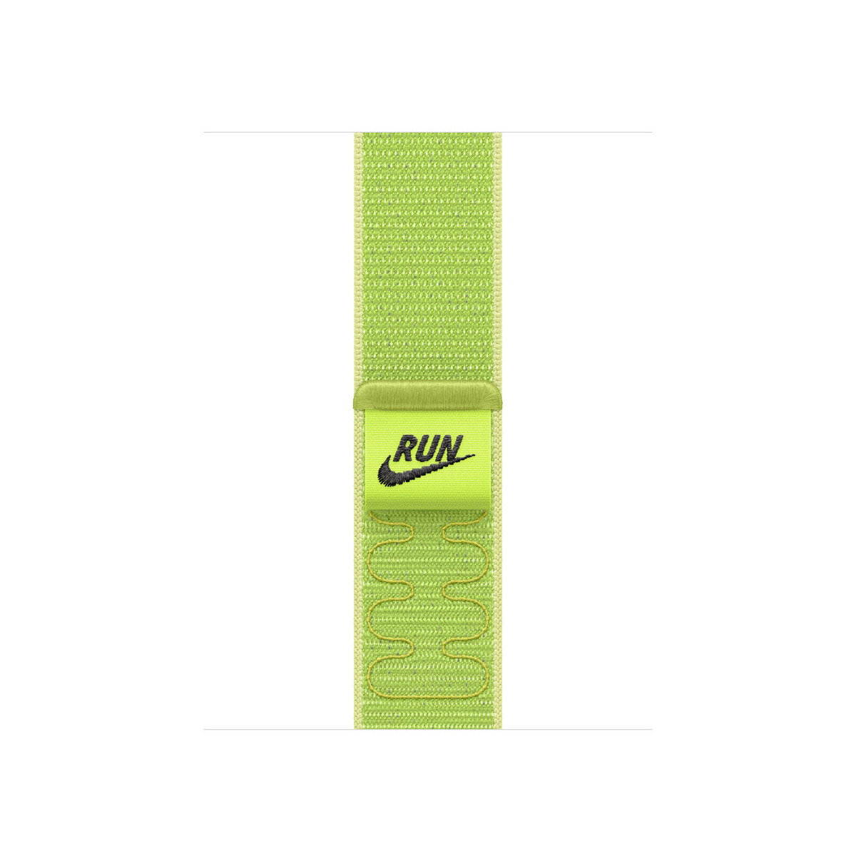 Un cinturino per orologio verde lime e beige. Ha un'etichetta con la scritta 'RUN' in nero. Lo sfondo è bianco.