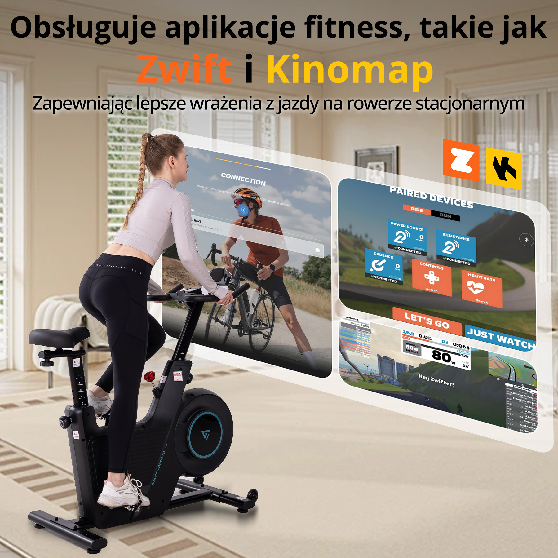 Kobieta na rowerze stacjonarnym, używająca aplikacji fitness. Ekran pokazuje sparowane urządzenia i metryki treningu.