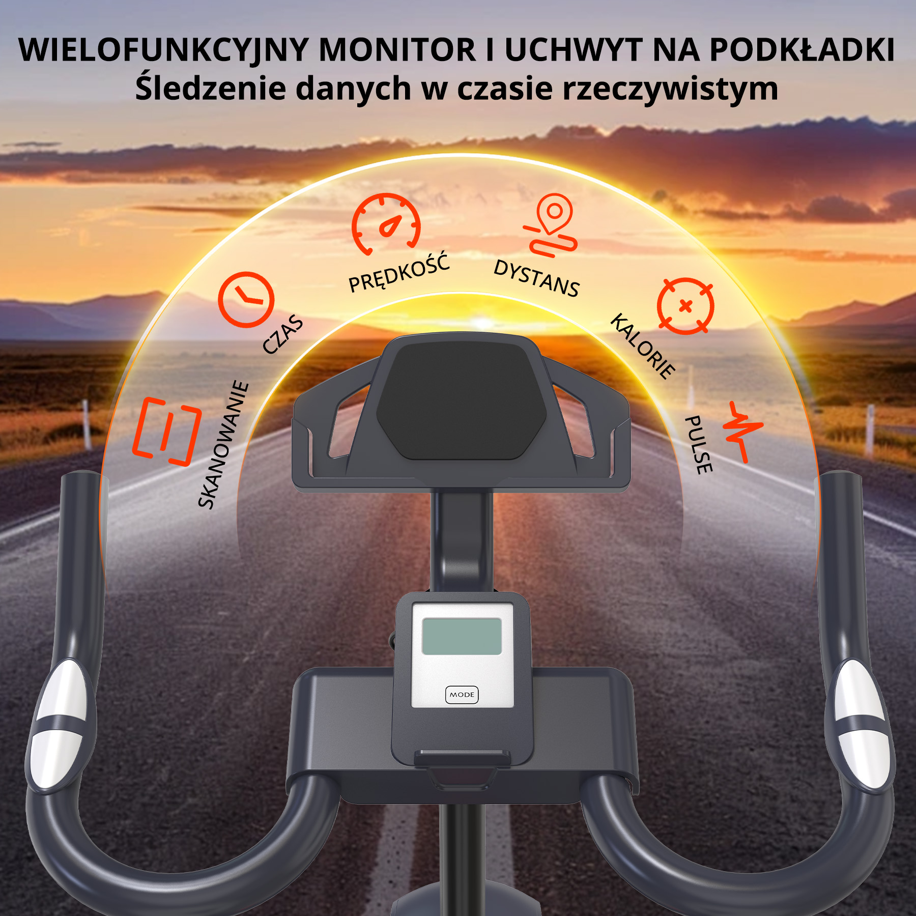 Monitor roweru stacjonarnego pokazujący prędkość, dystans, kalorie i puls. Tło przedstawia drogę i zachód słońca.