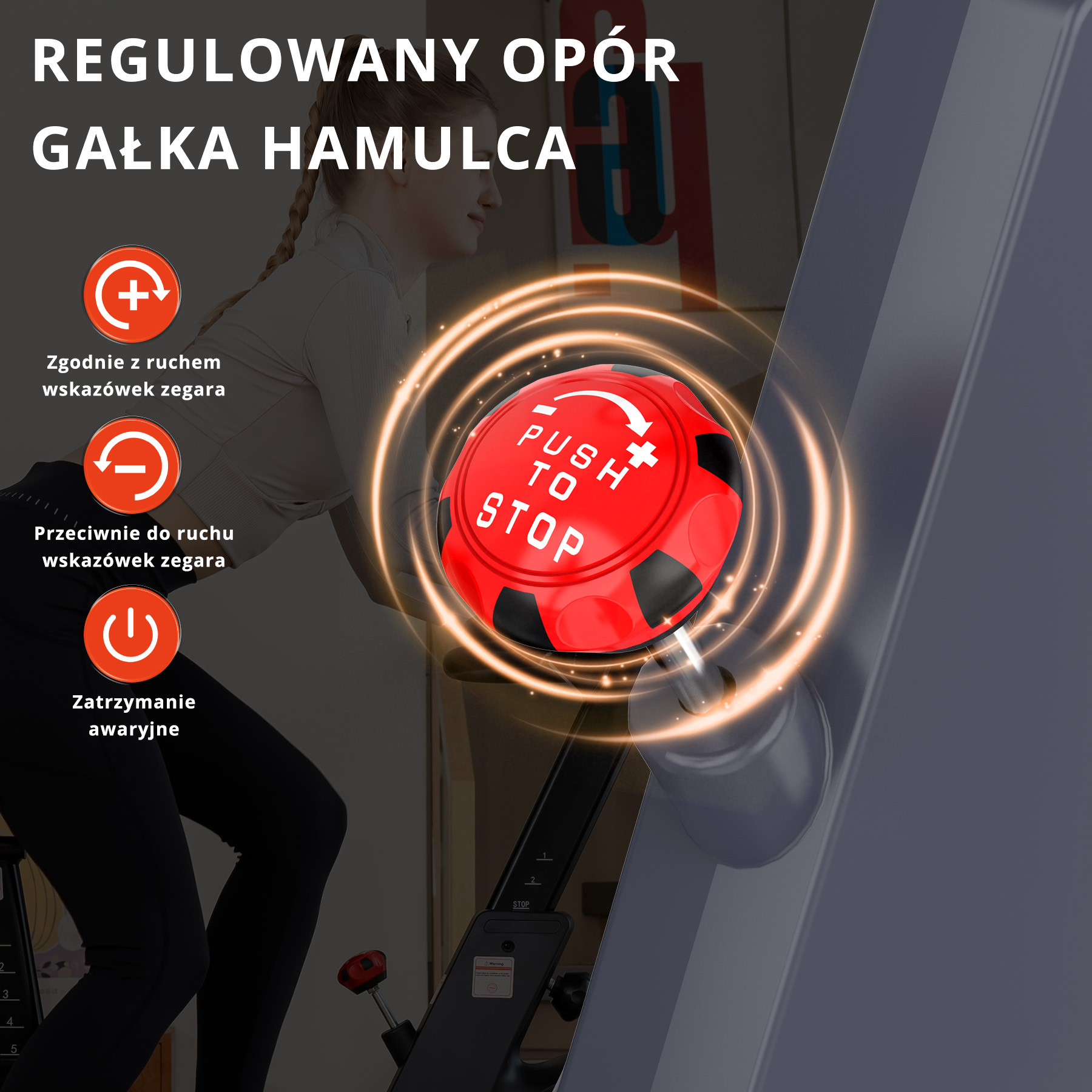 Czerwony przycisk stop z tekstem. Kobieta w tle. Instrukcje pokazane po lewej stronie.