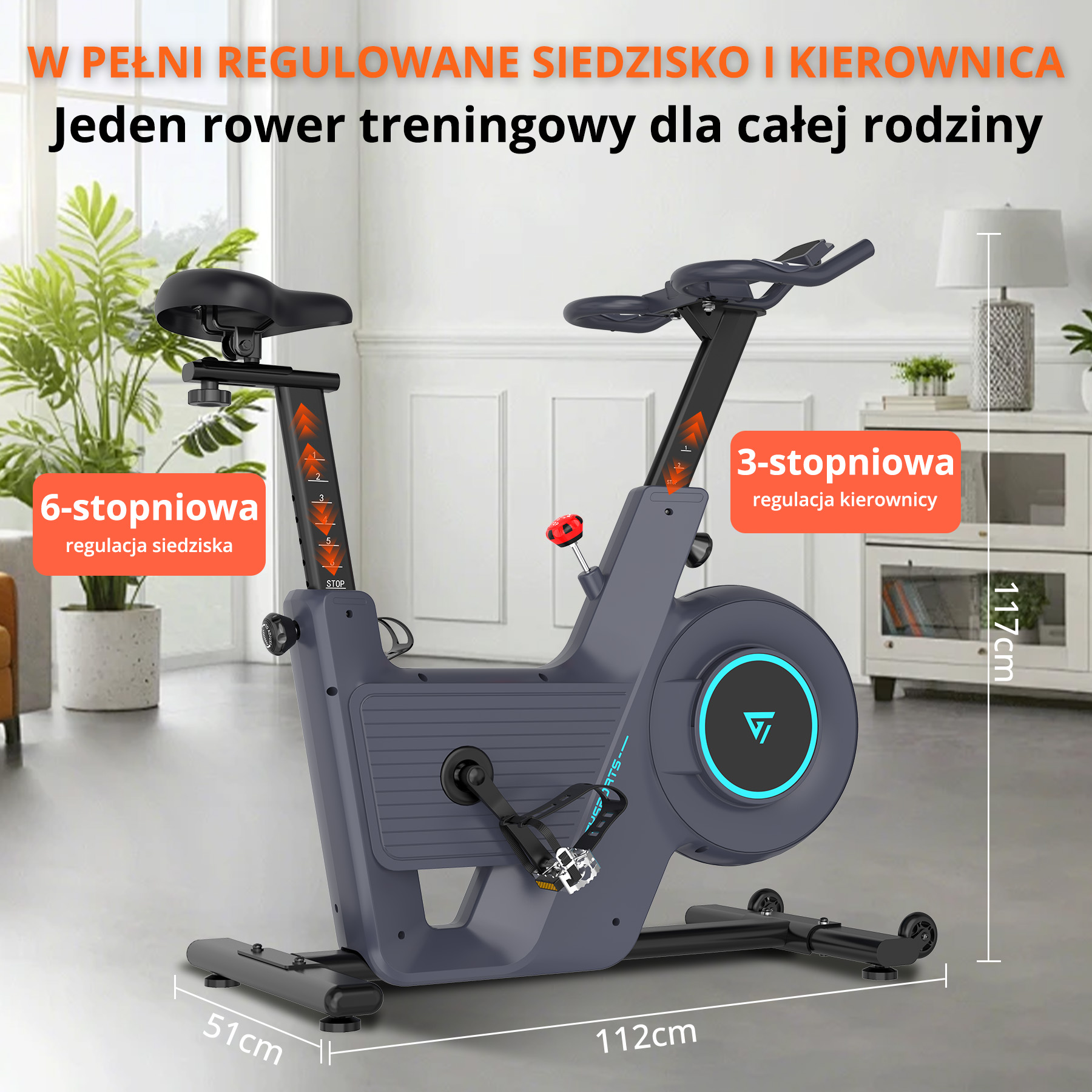 Stacjonarny rower treningowy. Szary z czarnym siedzeniem i uchwytami. Regulowane siodełko i kierownica. Wymiary są oznaczone.