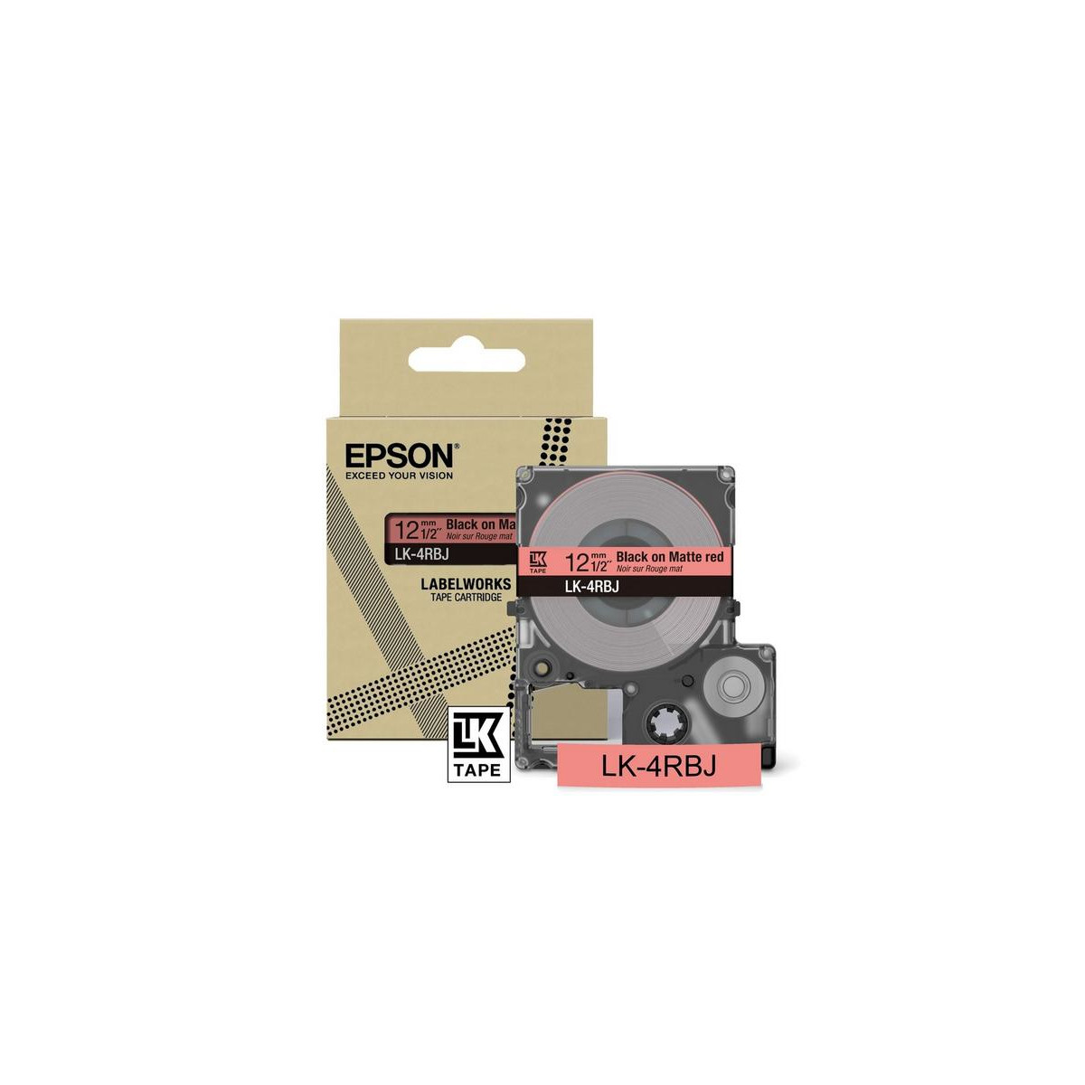 Wkład z taśmą do etykiet Epson LK-4RBJ. Czarny na matowej czerwieni. Opakowanie i wkład widoczne na białym tle.